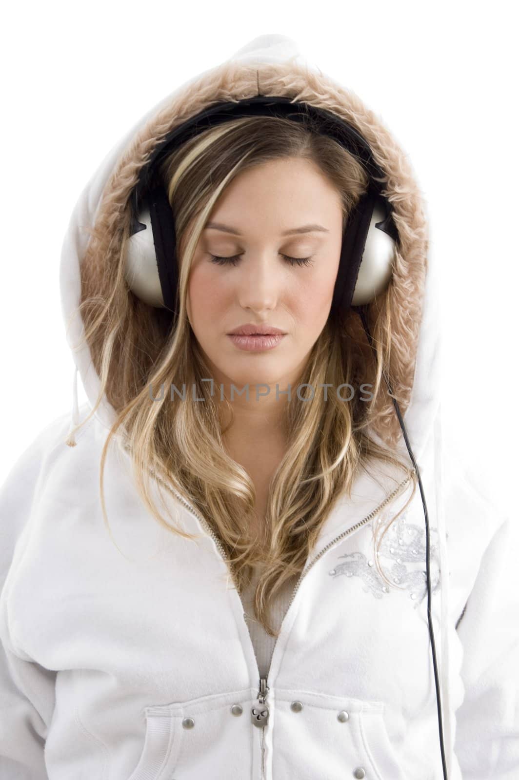 woman tuned in music with white background