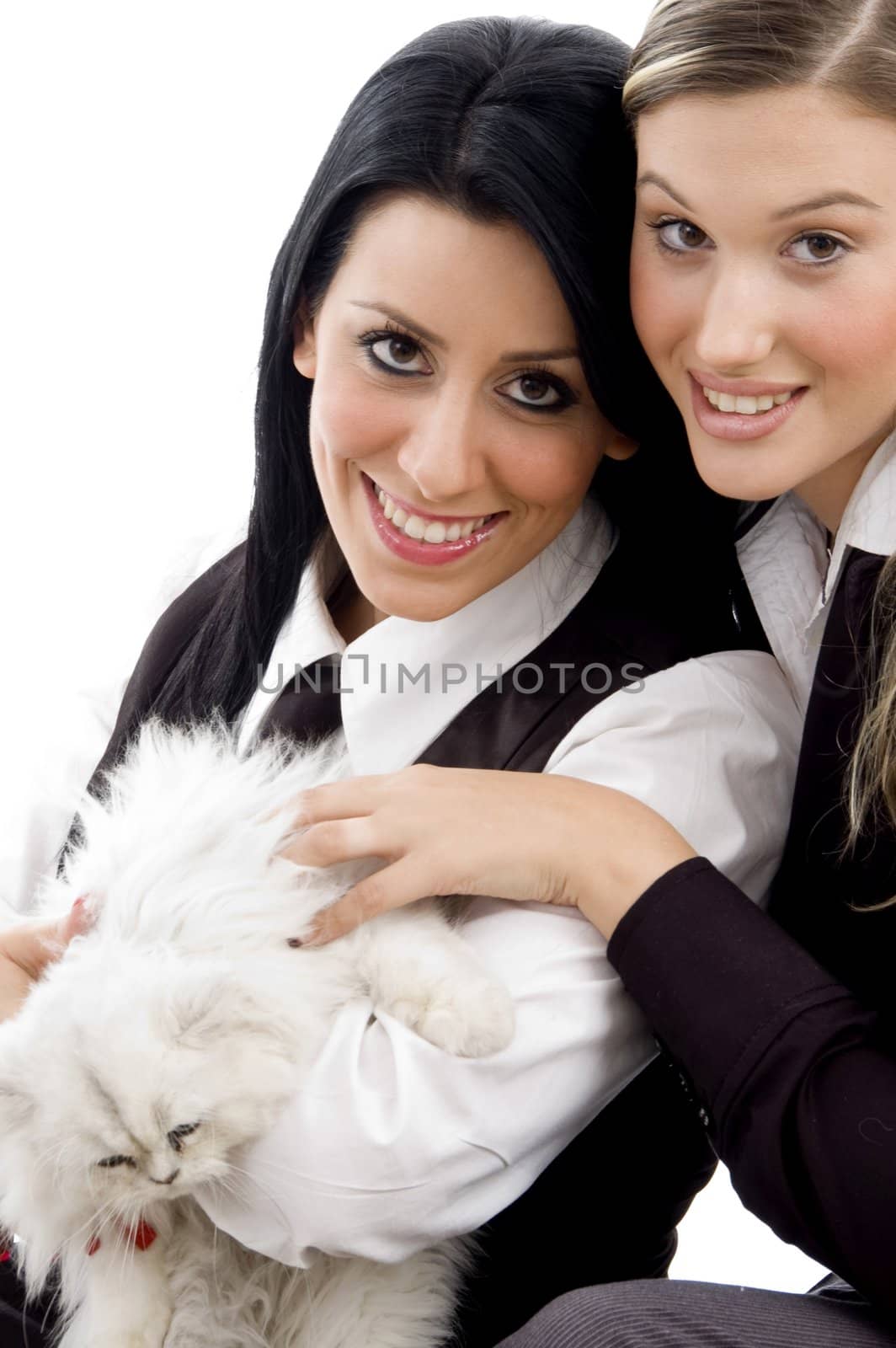 young friends playing with cat against white background