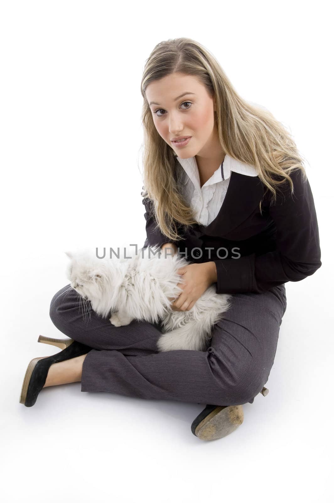 young female holding her lovable cat with white background