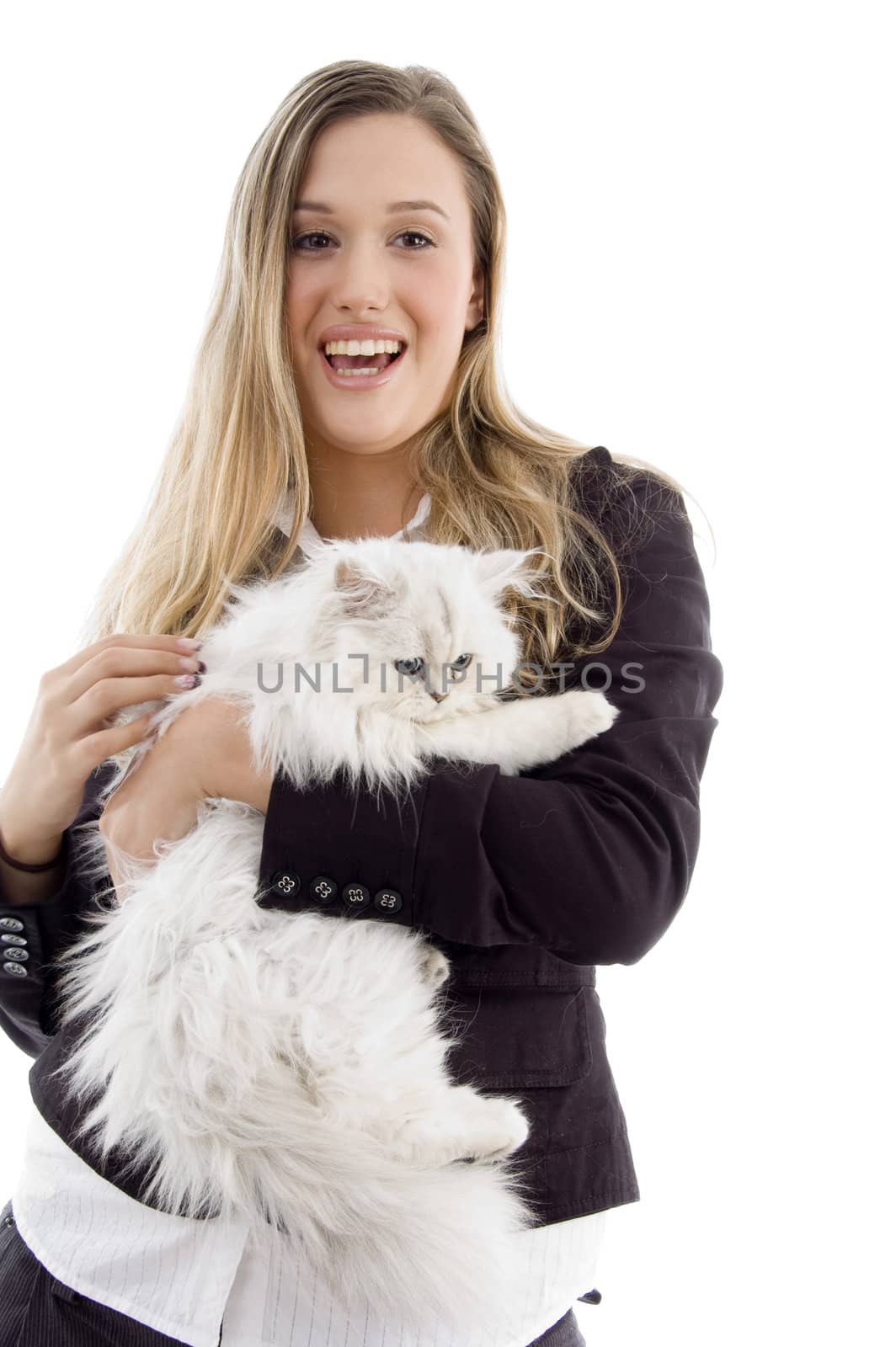 young model standing with white kitten with white background