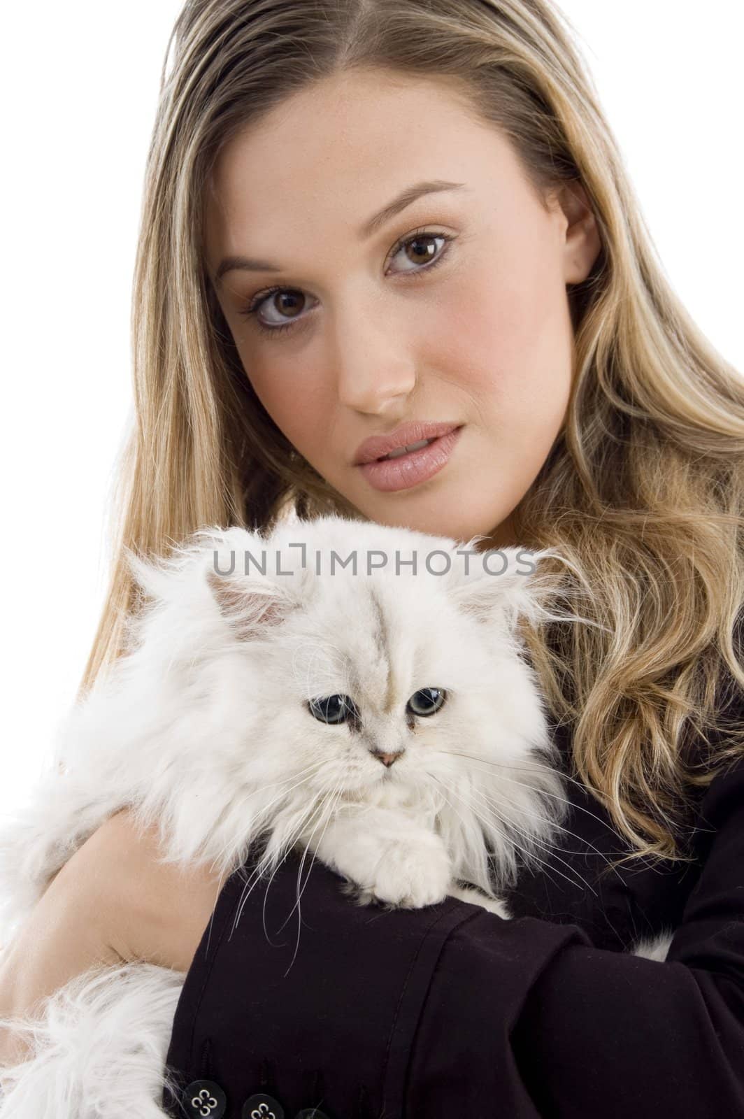 young female holding her lovable cat with white background