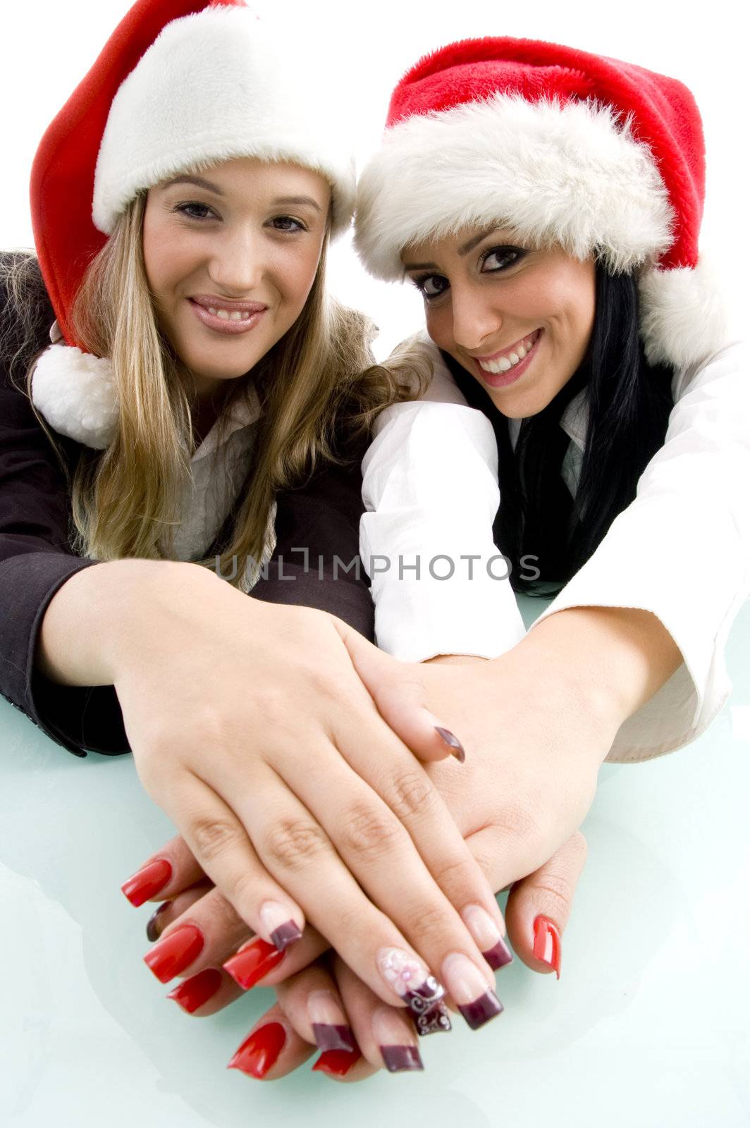 partners showing her beautiful hands on an isolated white background