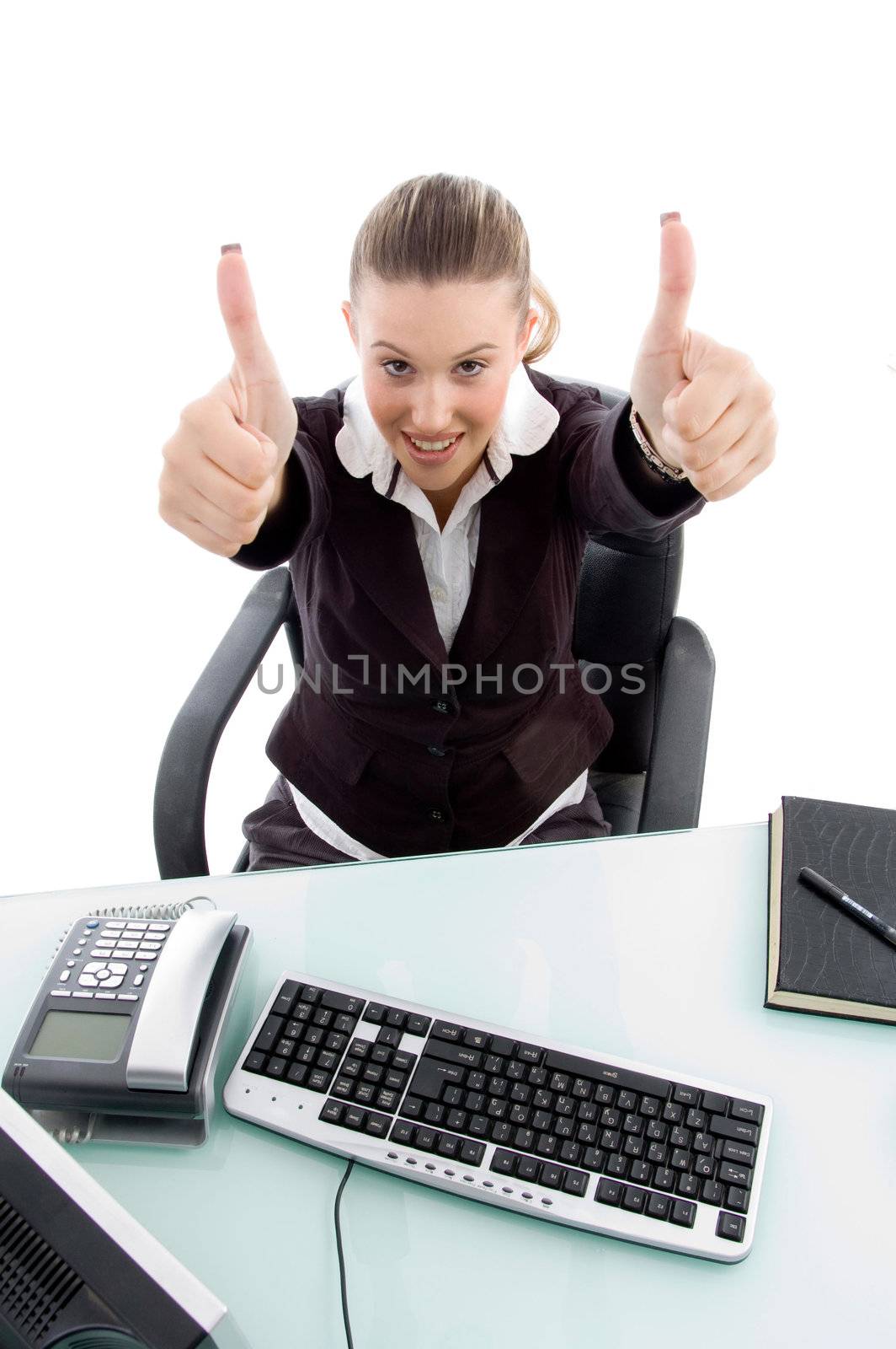 young sitting woman with thumbs up with white background