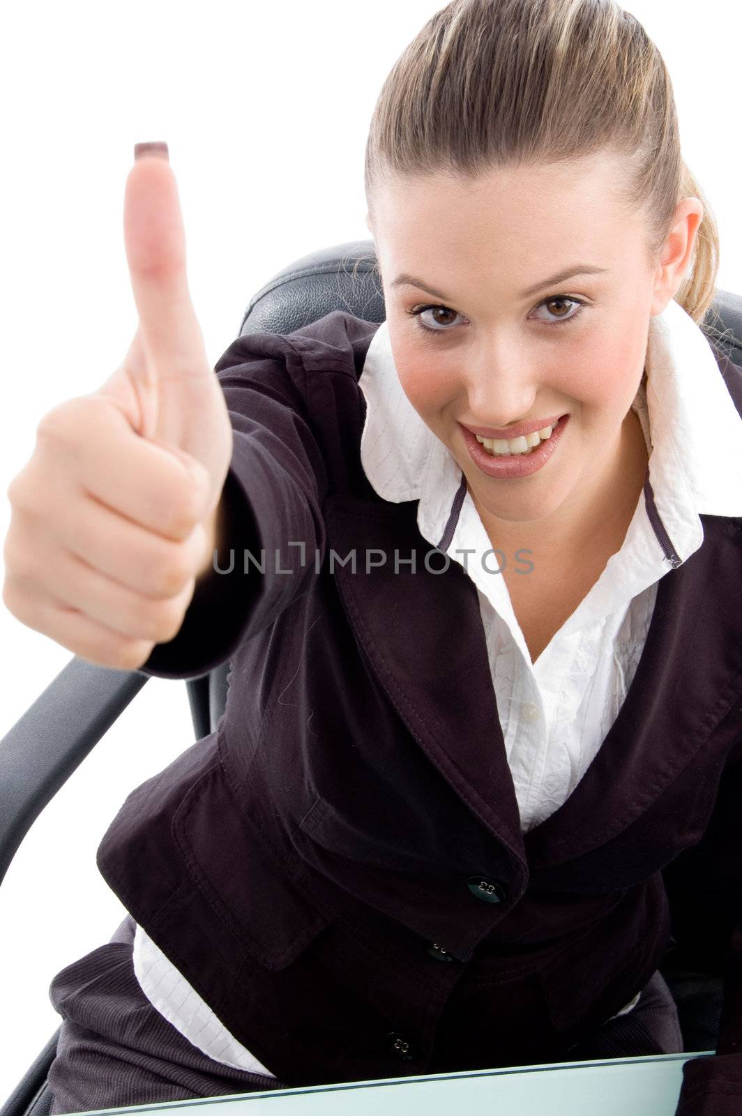 woman with thumbs up on an isolated white background