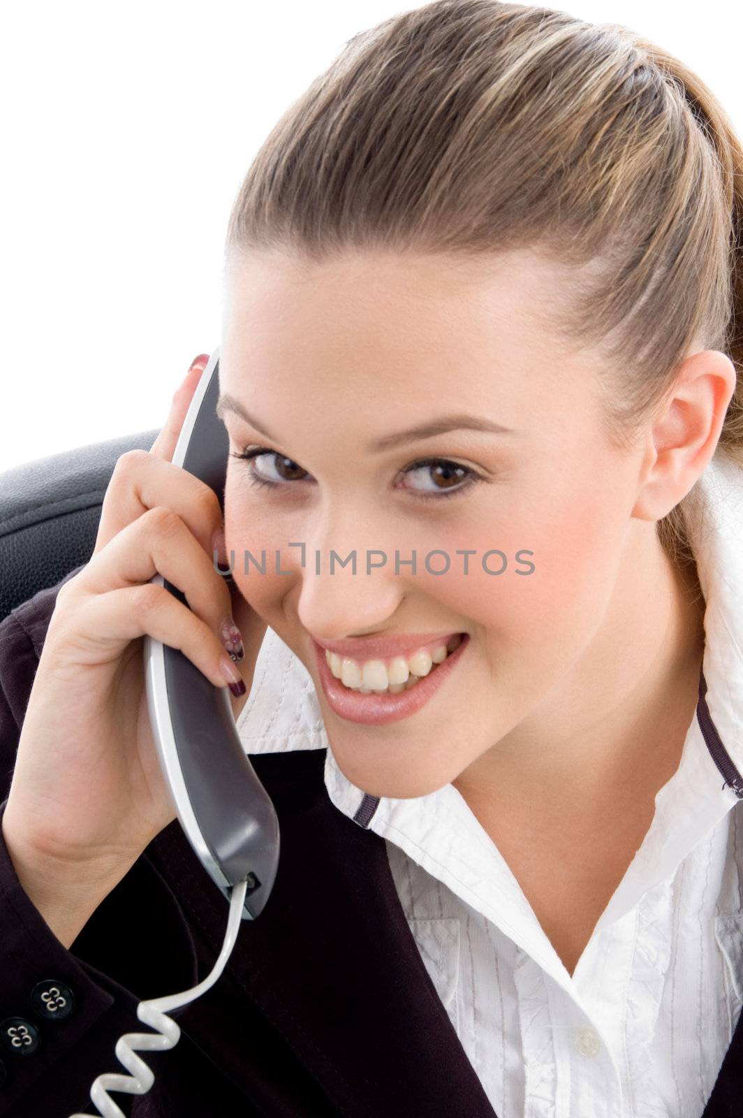 young executive busy on phone with white background