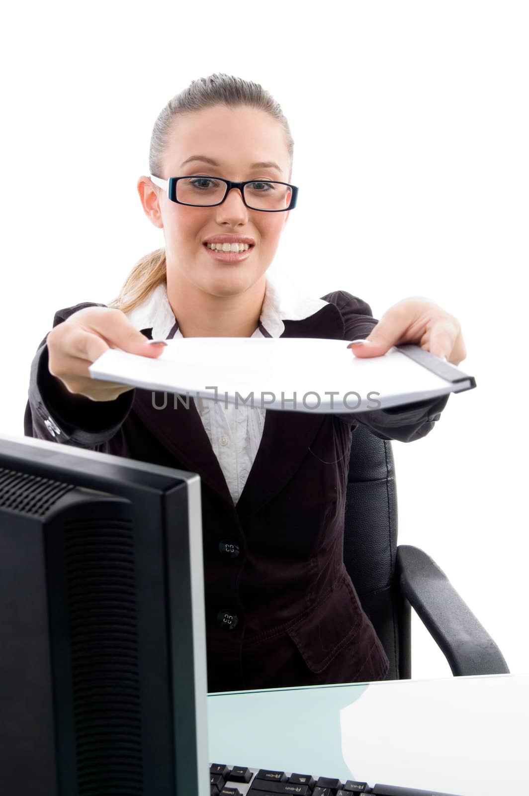 young professional showing document with white background