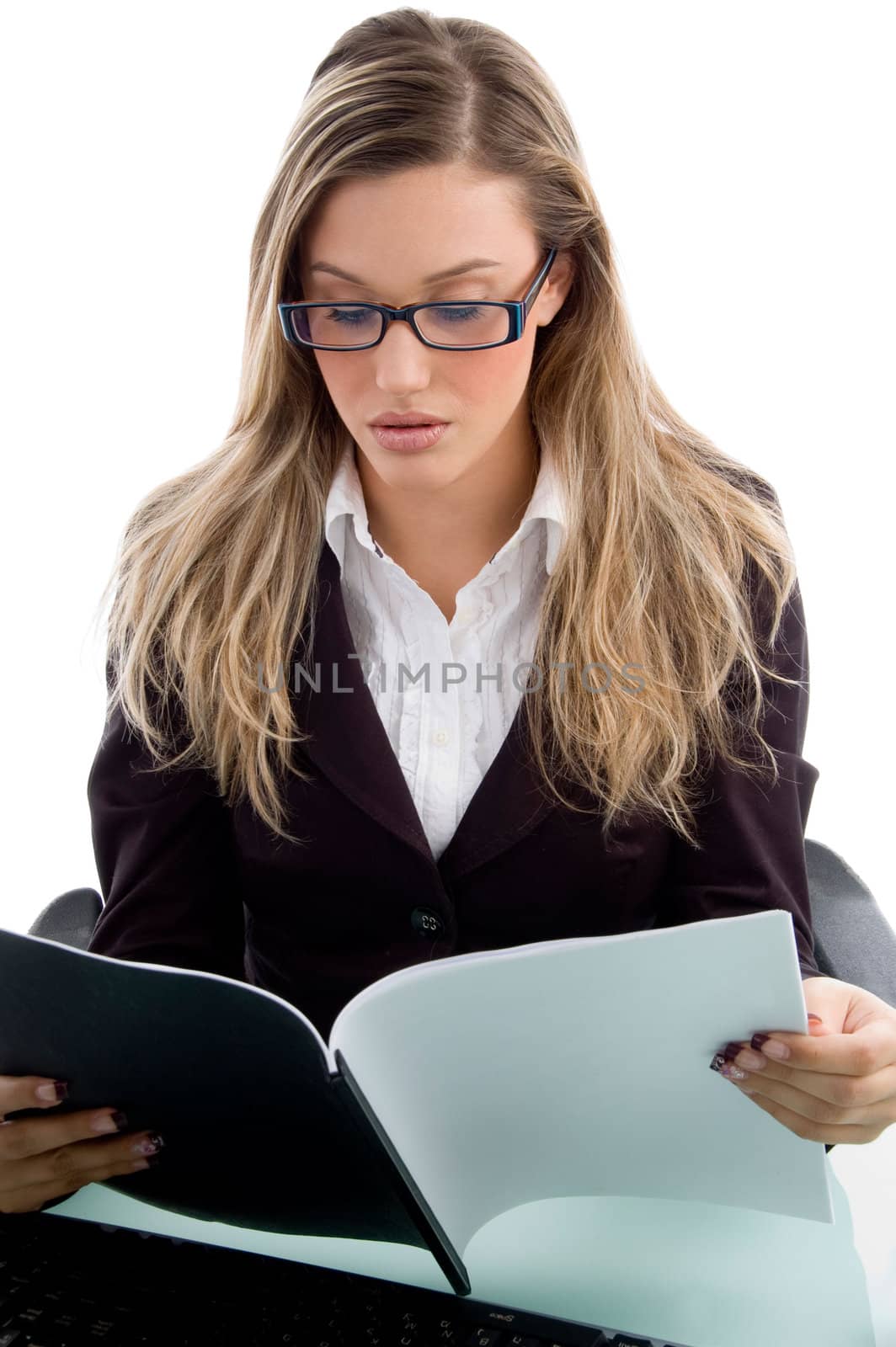 female reading document on an isolated background