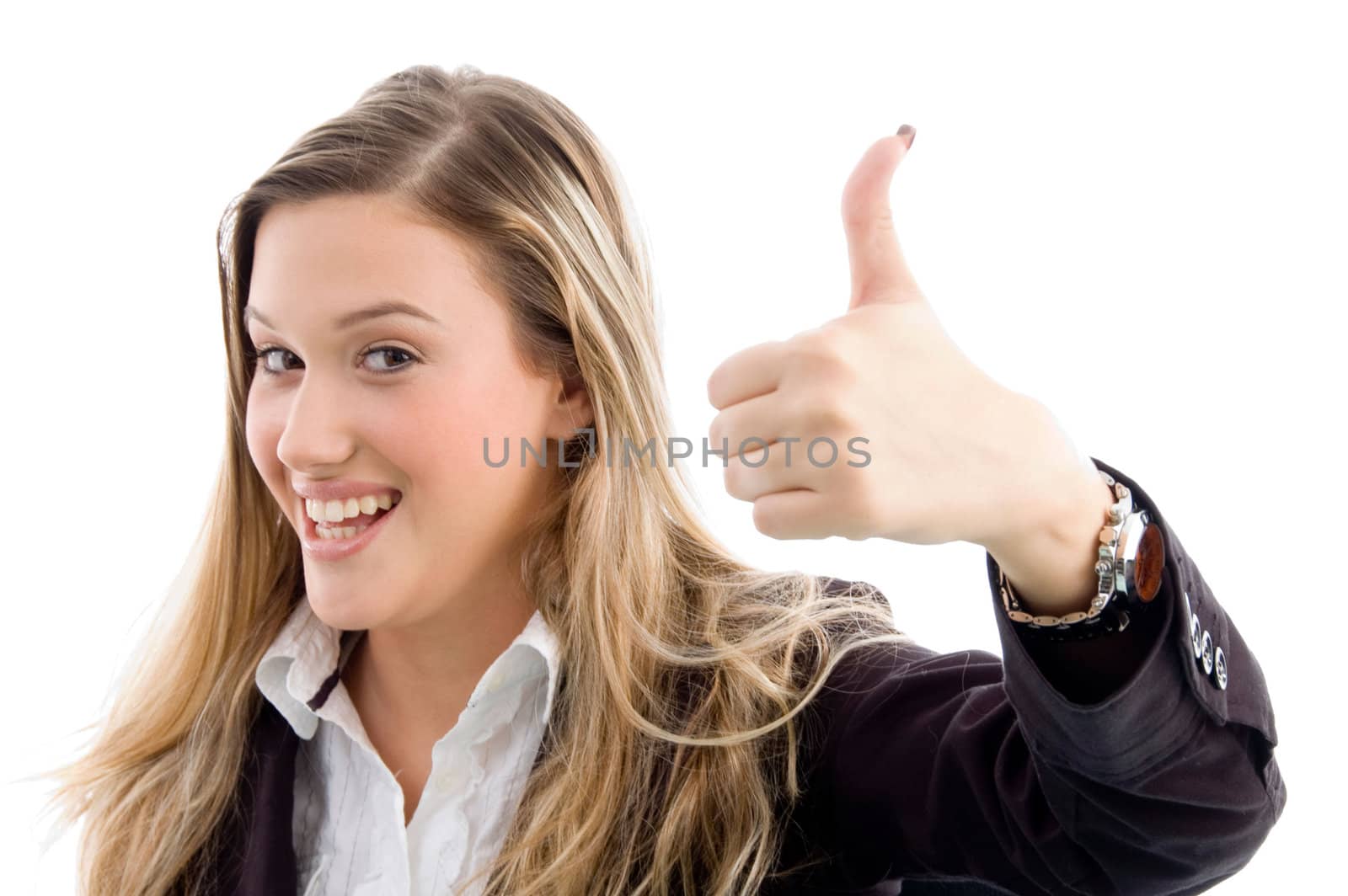 female with thumbs up against white background