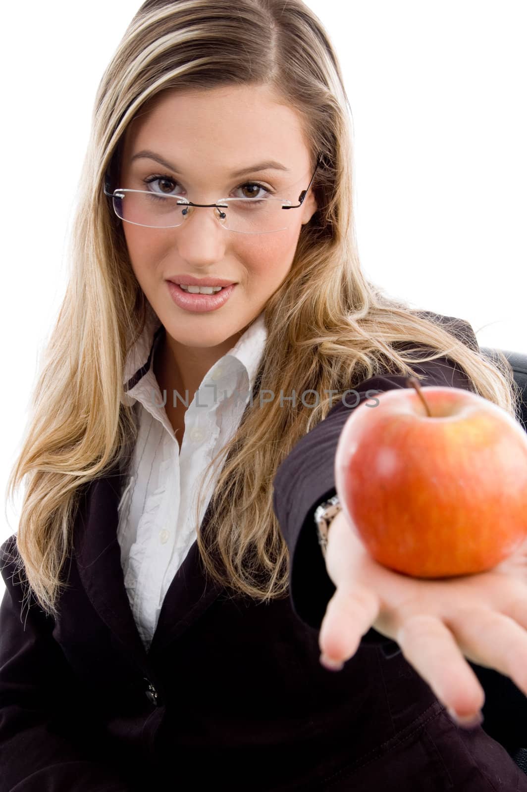 young woman showing apple with white background