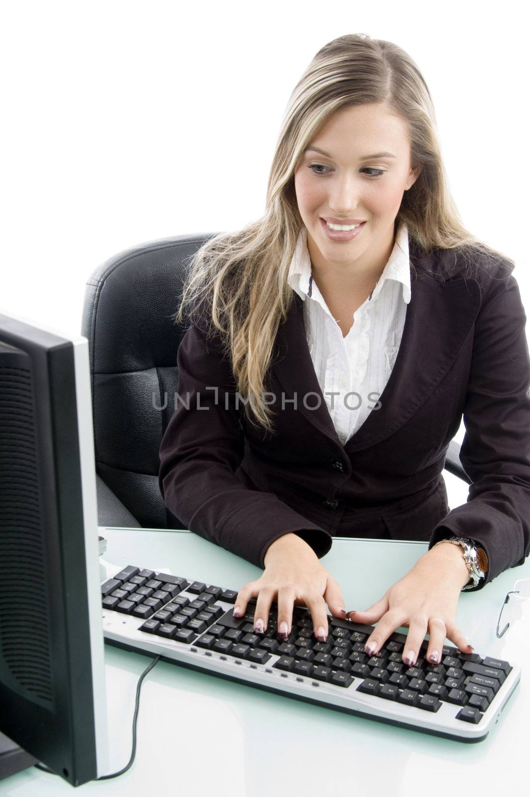 blonde woman working on computer with white background