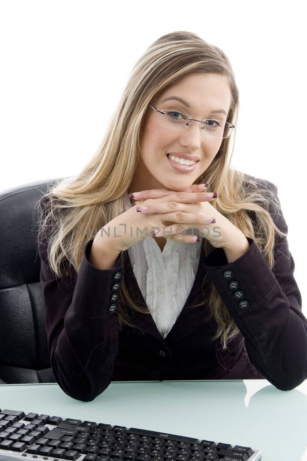 female sitting on chair against white background