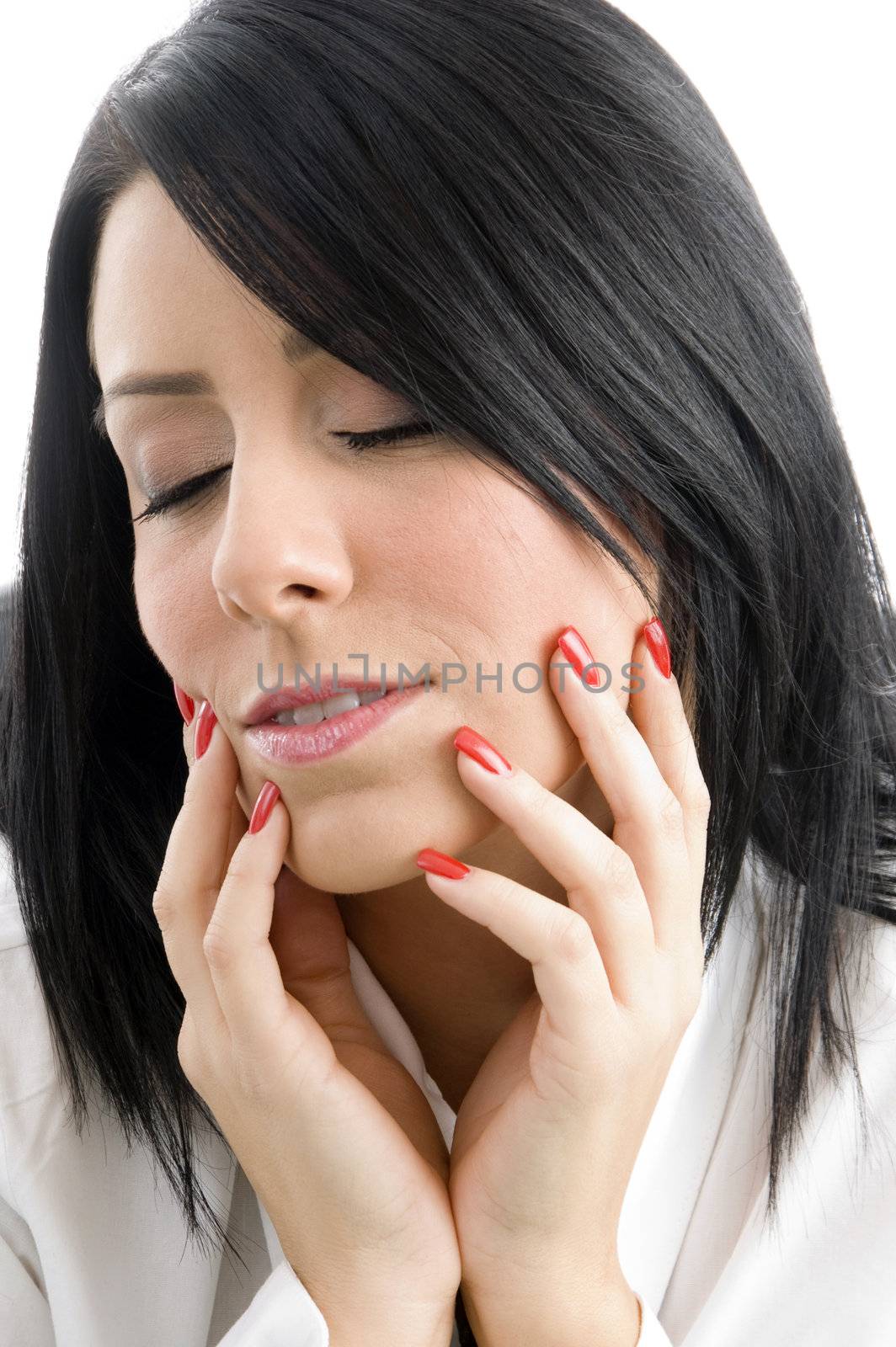 portrait of sleeping woman against white background