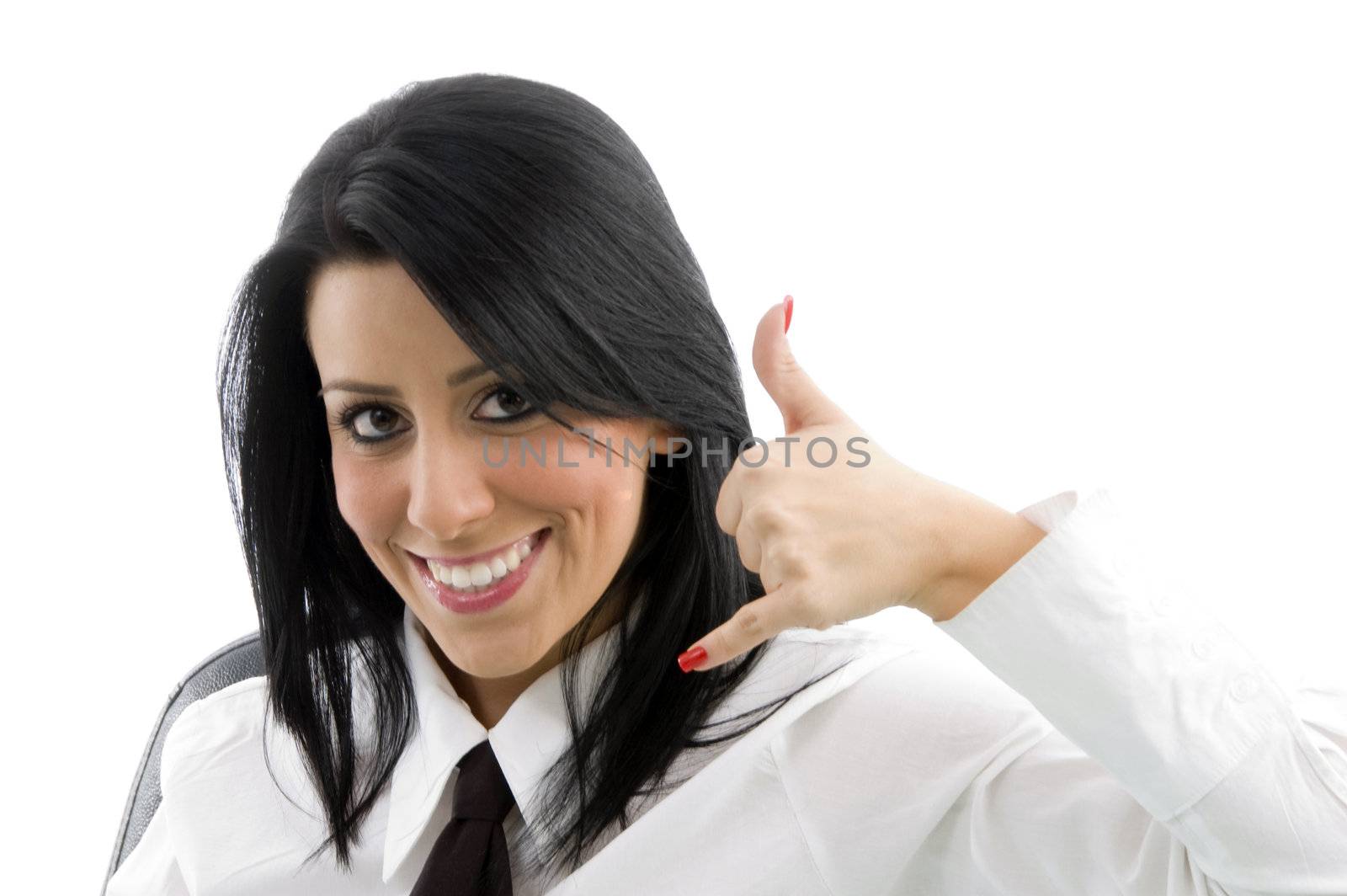 woman showing telephonic hand gesture on an isolated white background