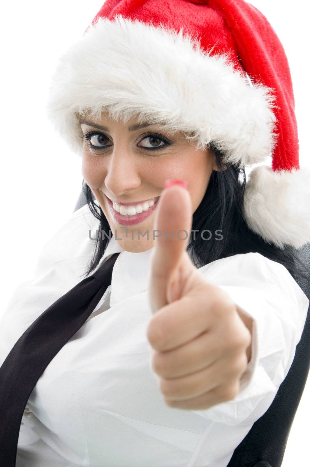 female with christmas hat and thumbs up on an isolated background