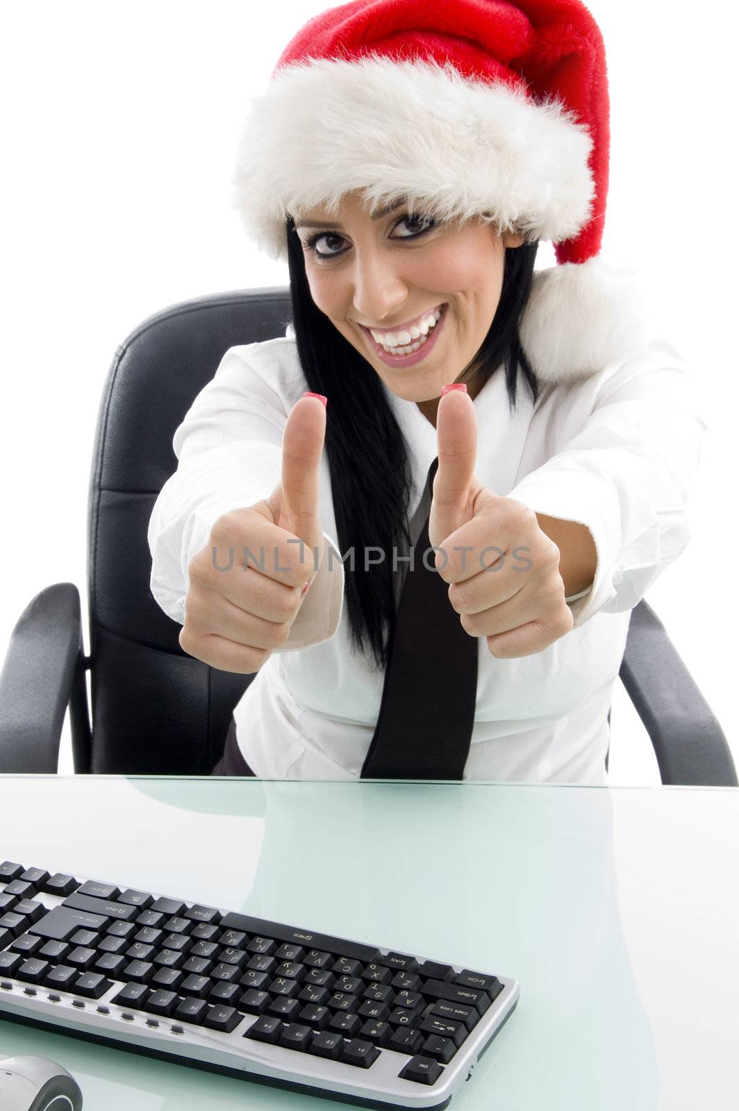 christmas woman with thumbs up on an isolated white background