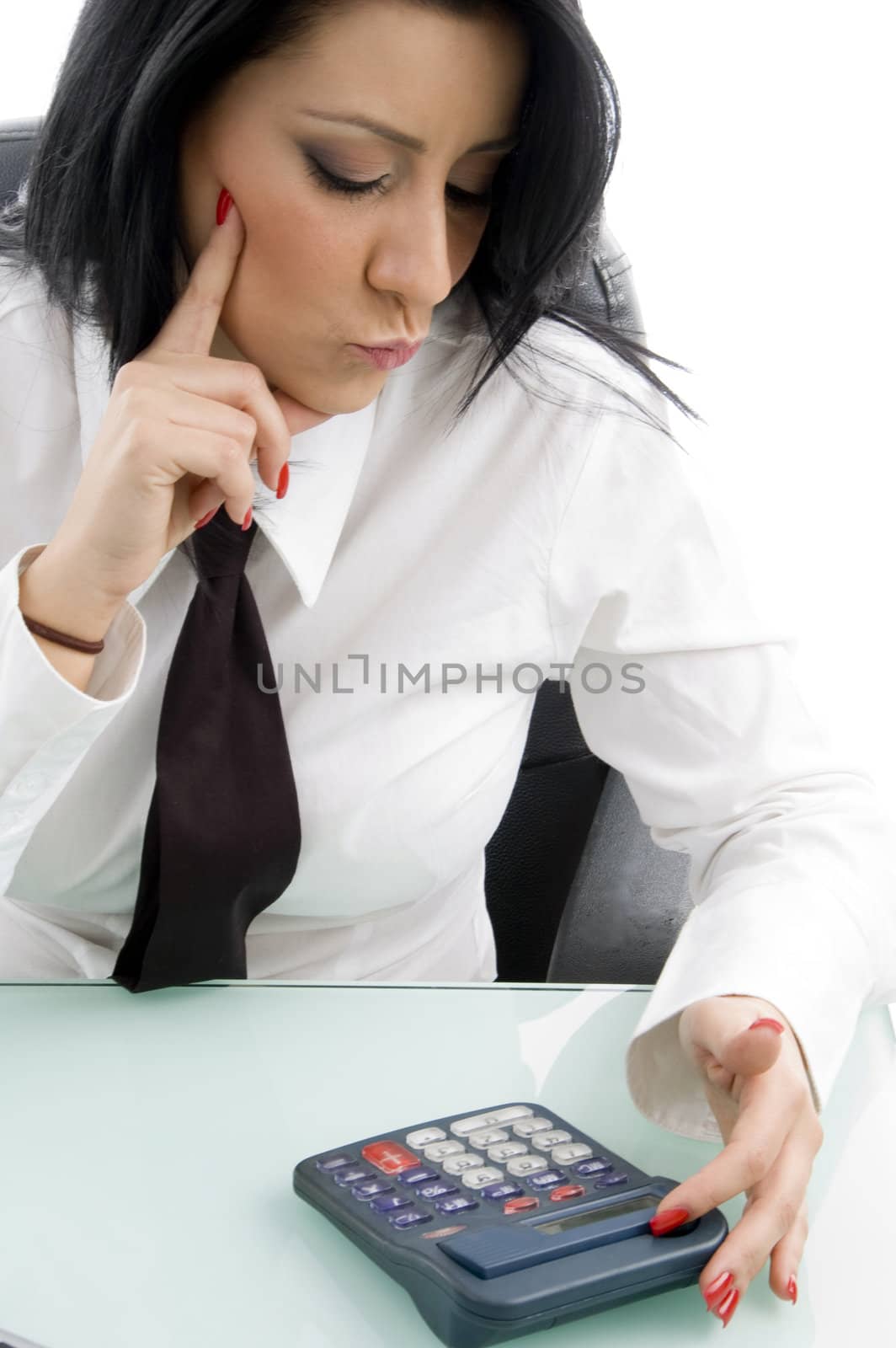 young manager looking the calculator on an isolated white background