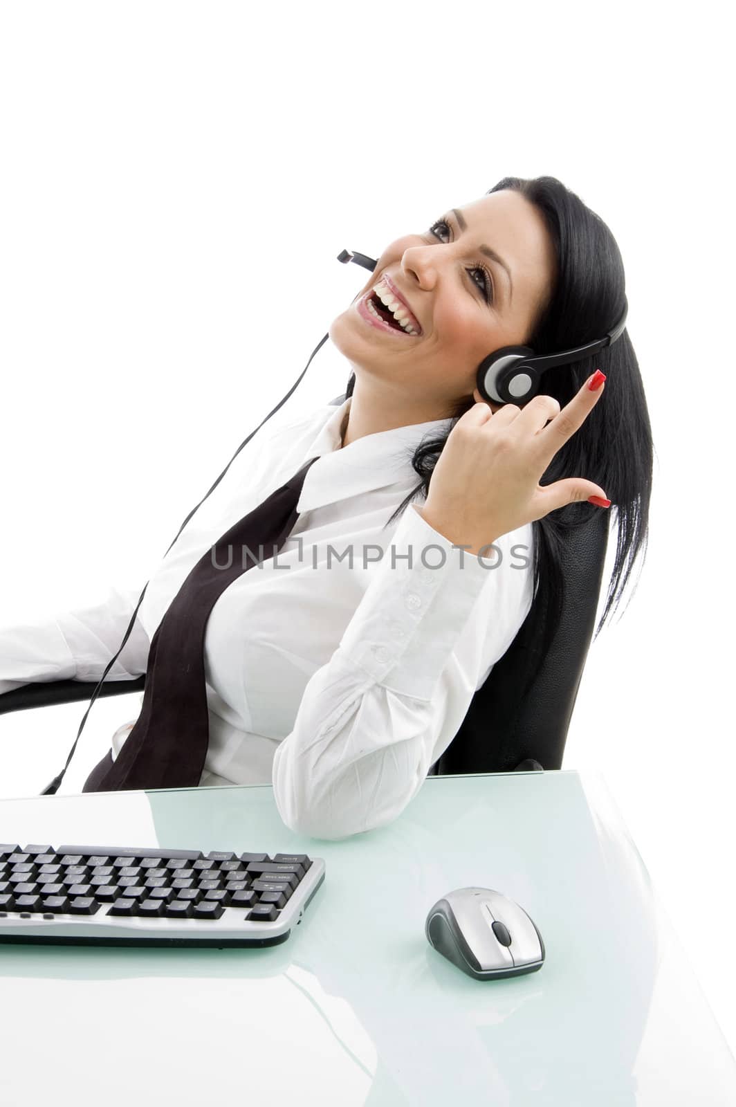 young service provider laughing on an isolated background