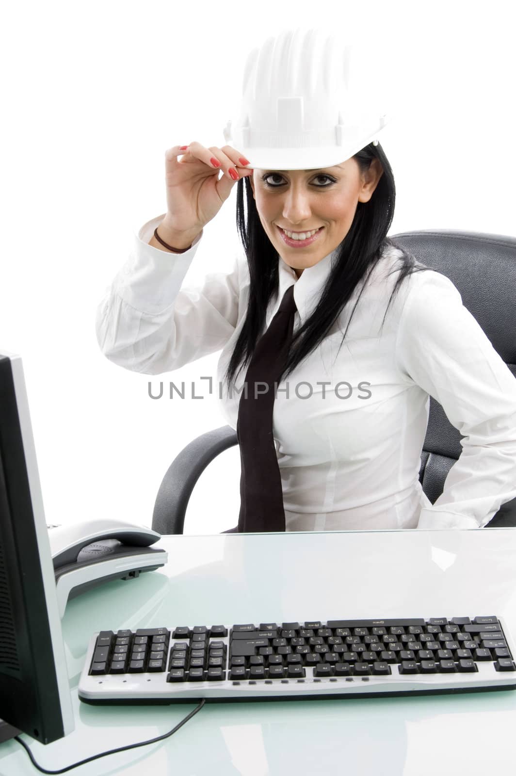 businesswoman wearing architect helmet with white background