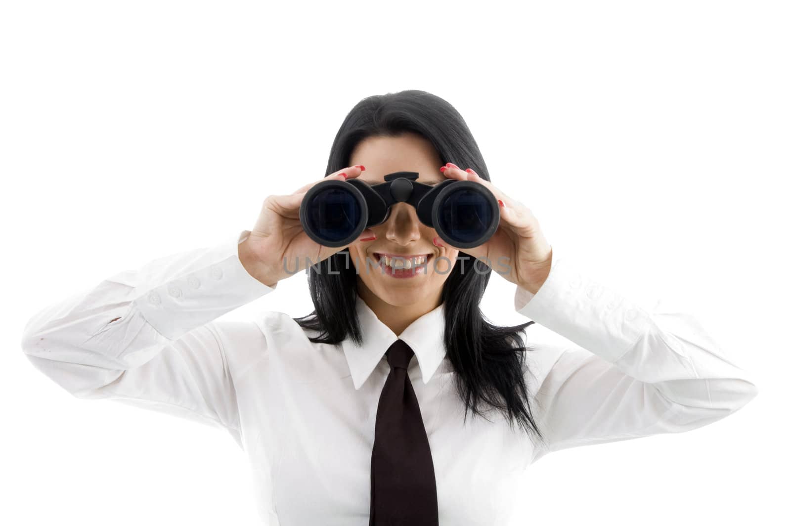 young businesswoman looking through binocular against white background
