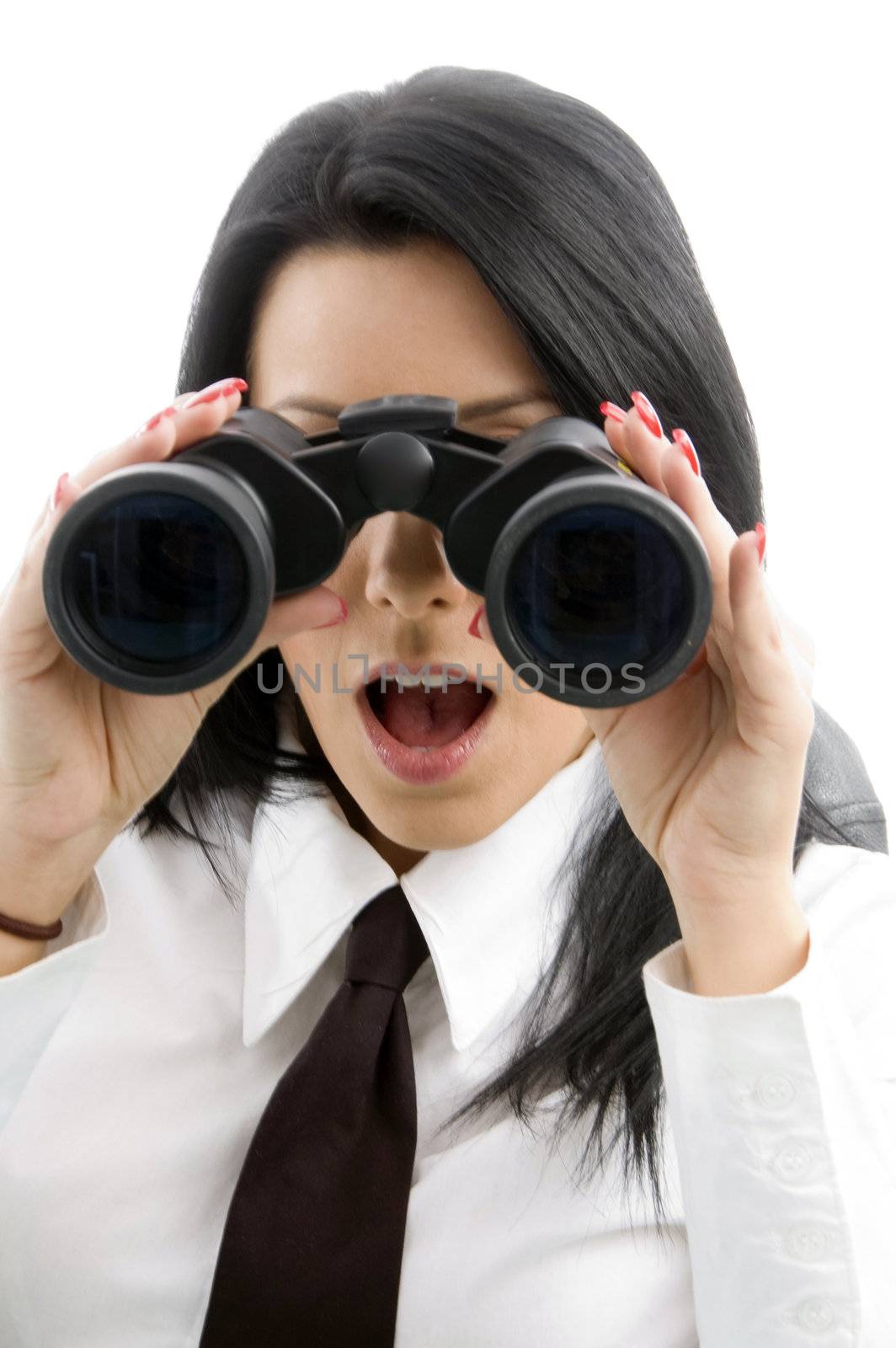 young accountant looking through binocular on an isolated background
