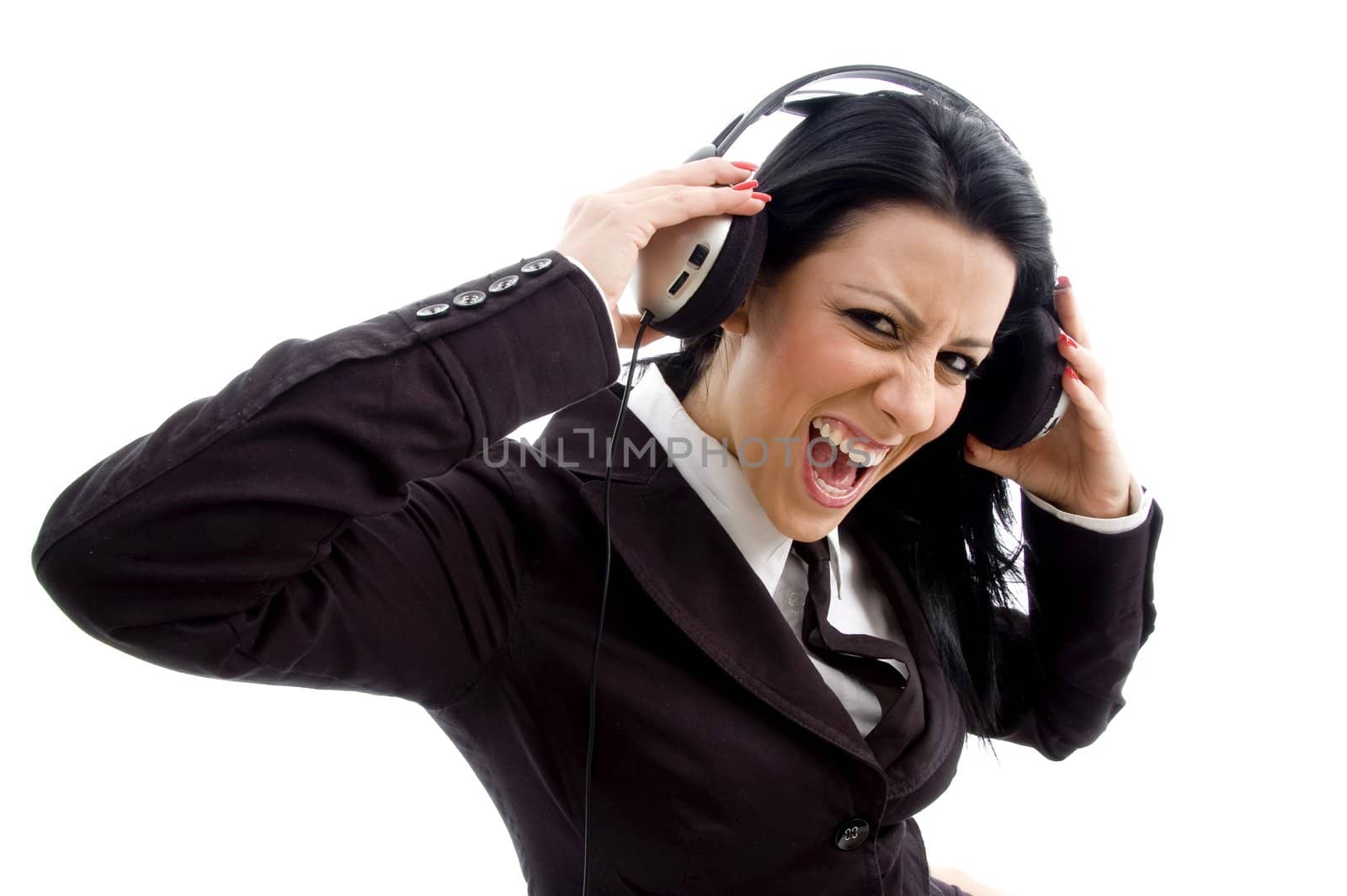 young accountant wearing headphone against white background