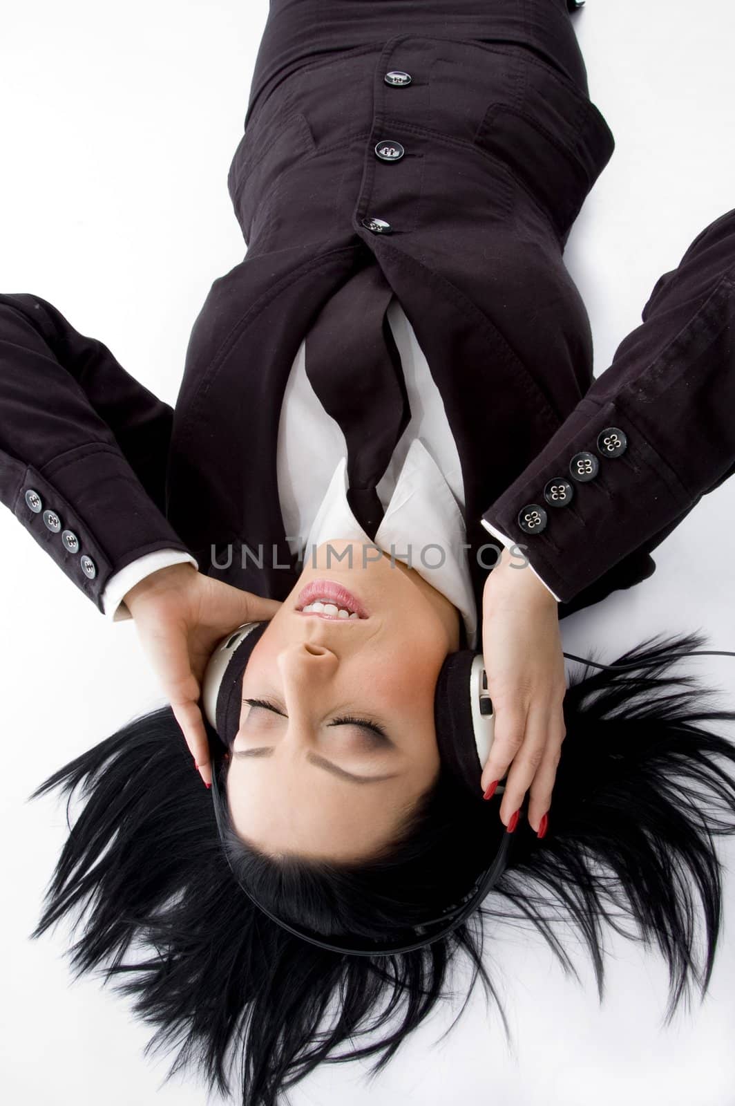 high angle view of businesswoman wearing headphone on an isolated background