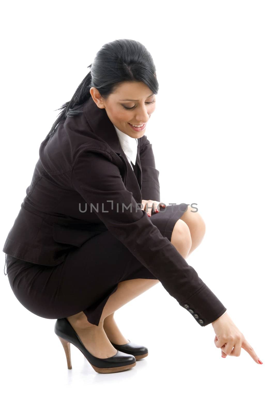 young executive indicating down with white background