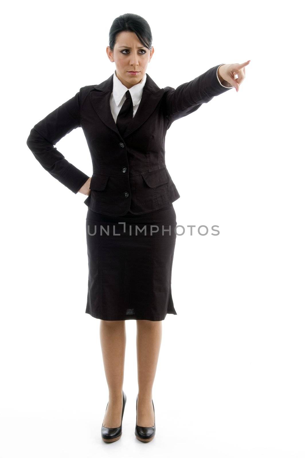 lawyer pointing aside against white background