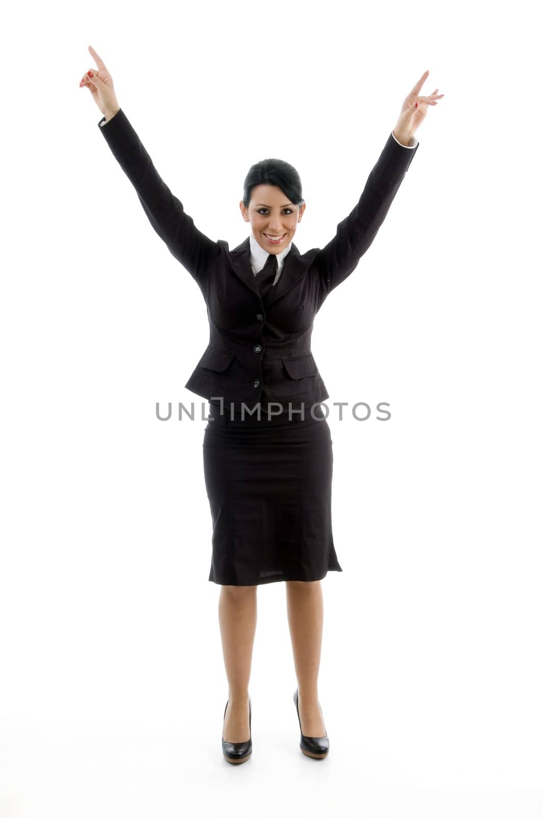 businesswoman stretching her arms against white background