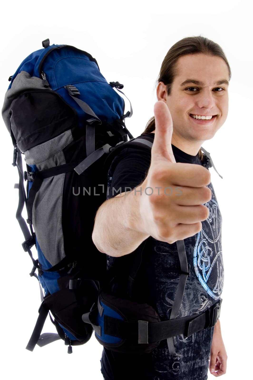 happy traveler showing thumbs up on an isolated background