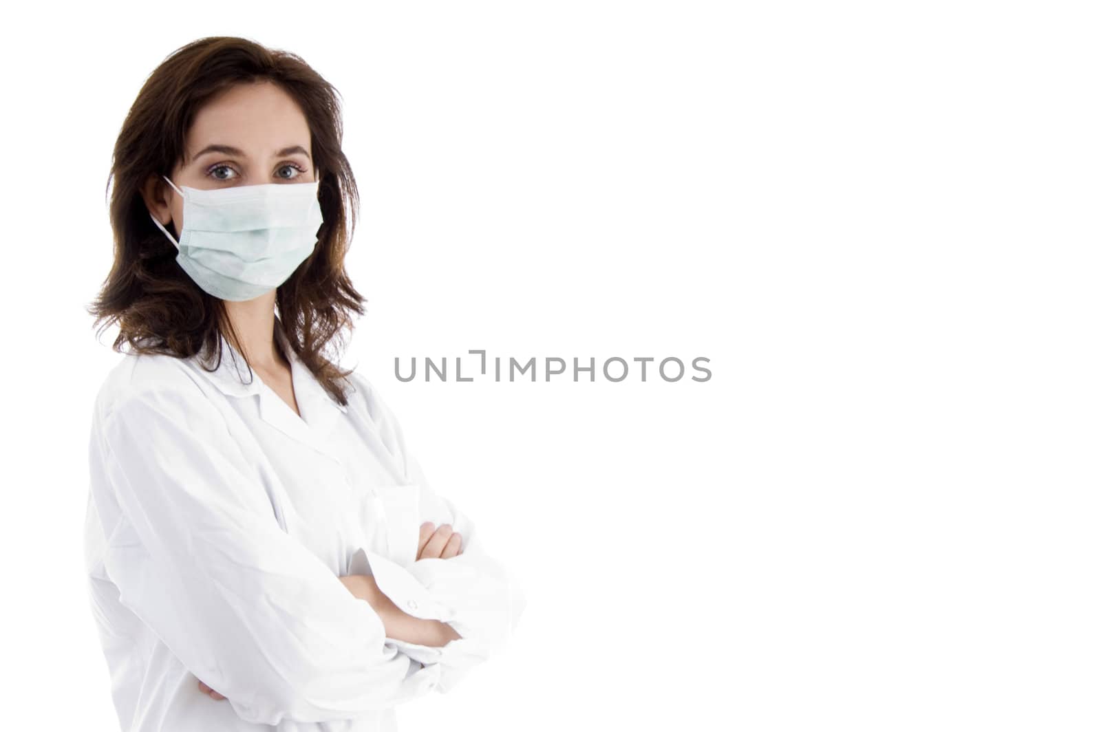 pose of doctor with facemask on an isolated white background