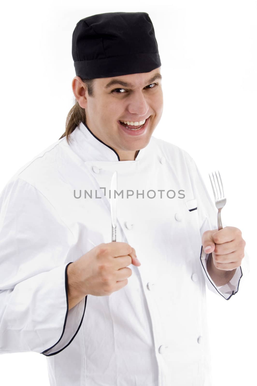 portrait of young chef smiling on an isolated white background