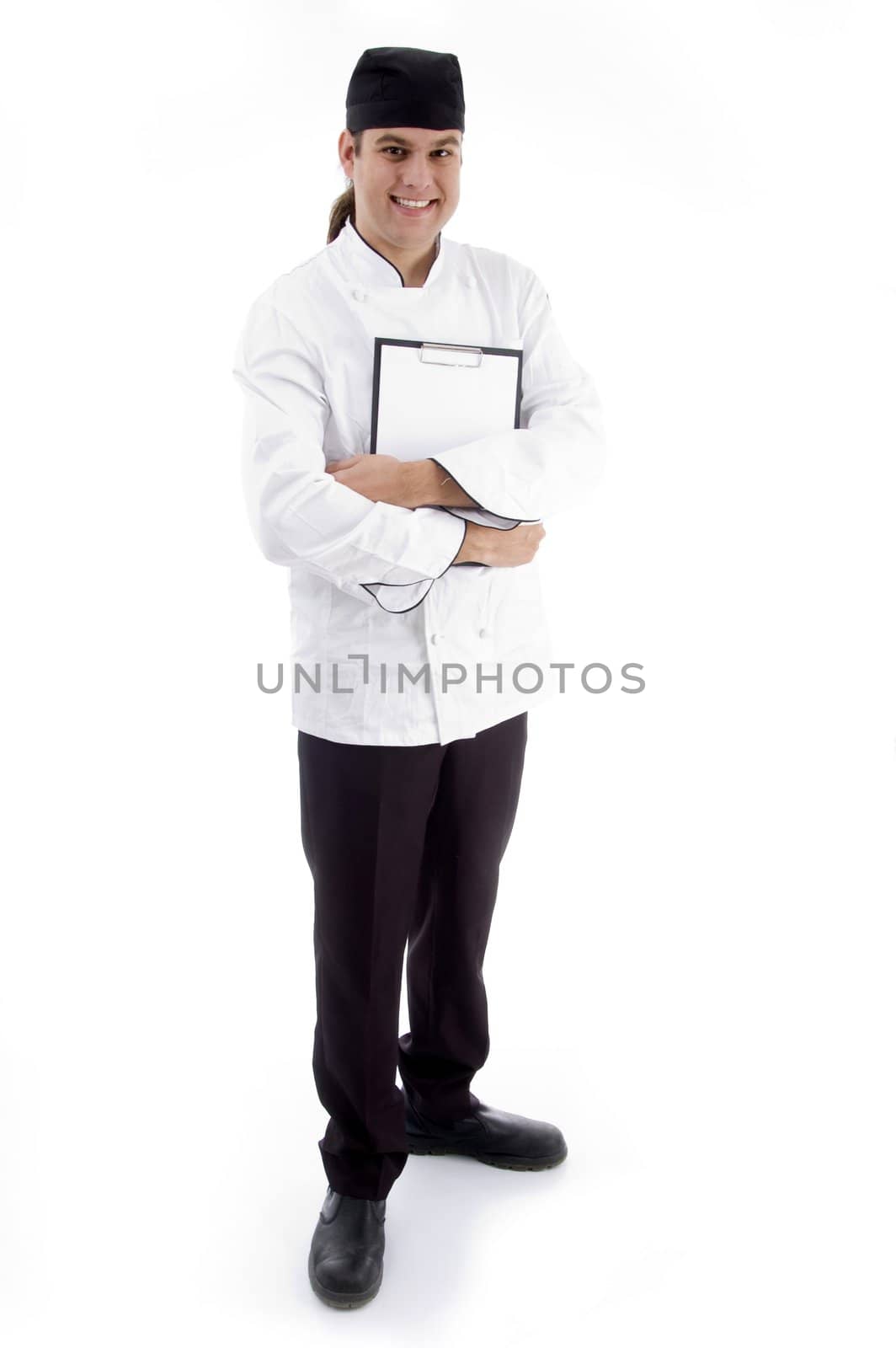 full body pose of handsome chef against white background