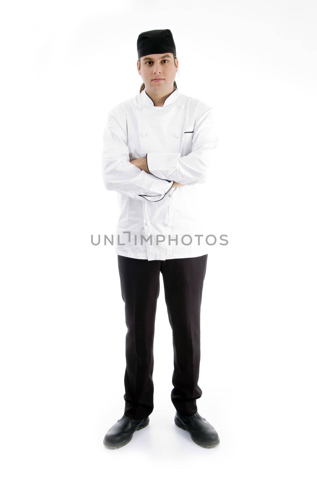 full body pose of handsome chef against white background