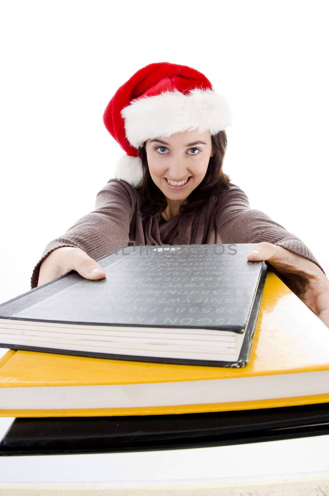 young woman with her books against white background