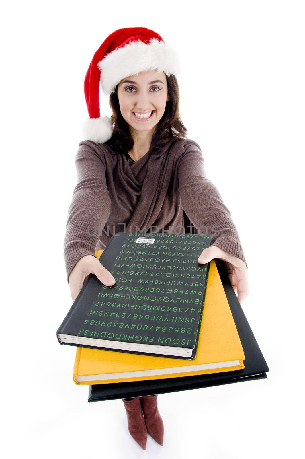 teen with her study material against white background