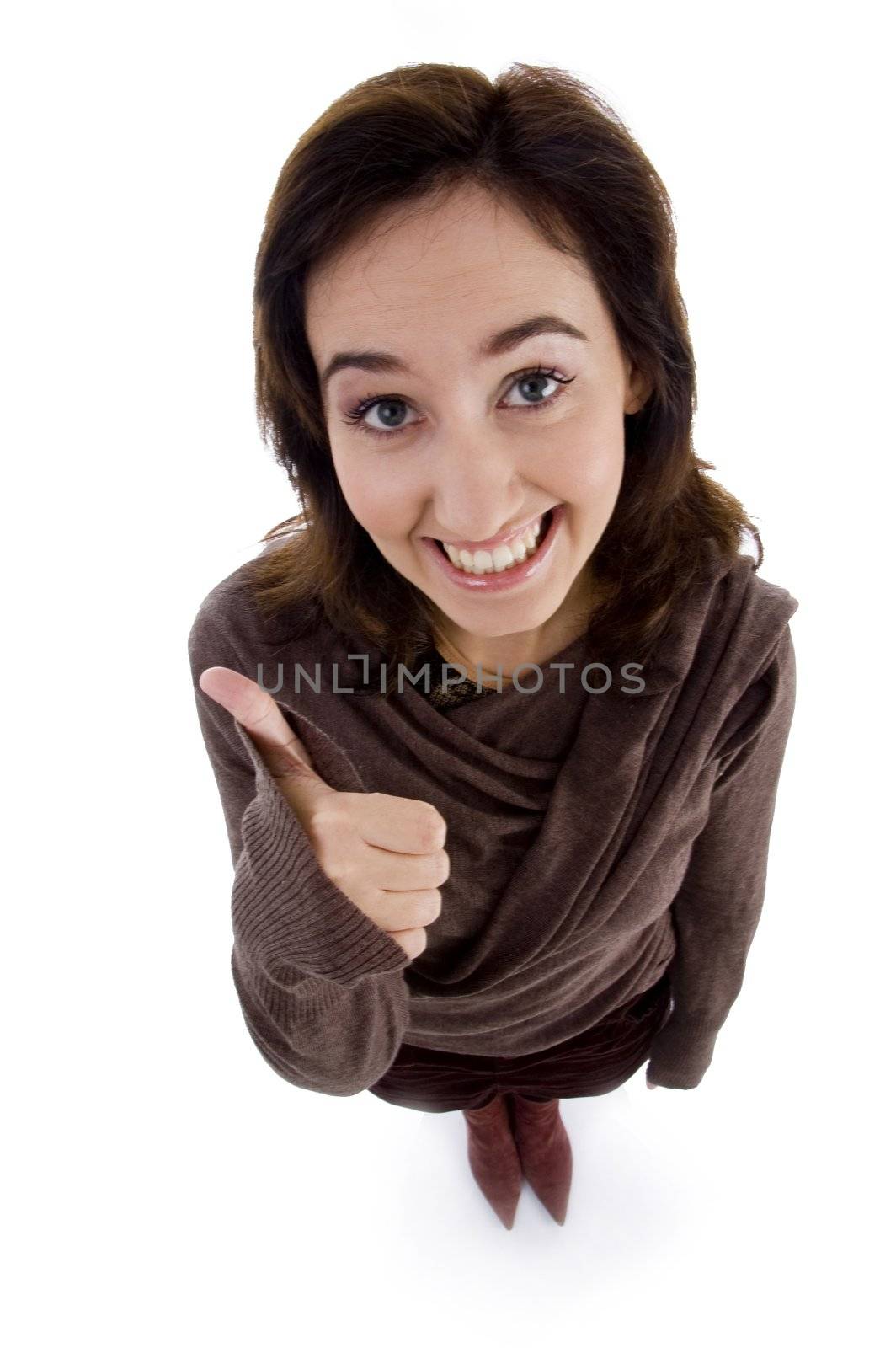 beautiful young woman with thumbs up with white background