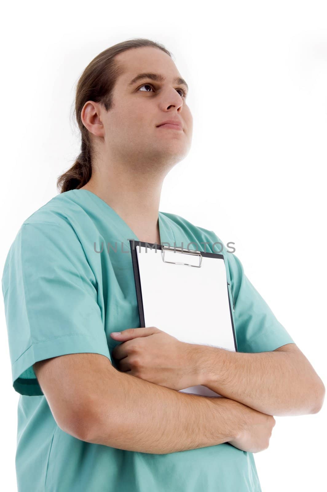 smart pose of doctor holding clipboard on an isolated white background