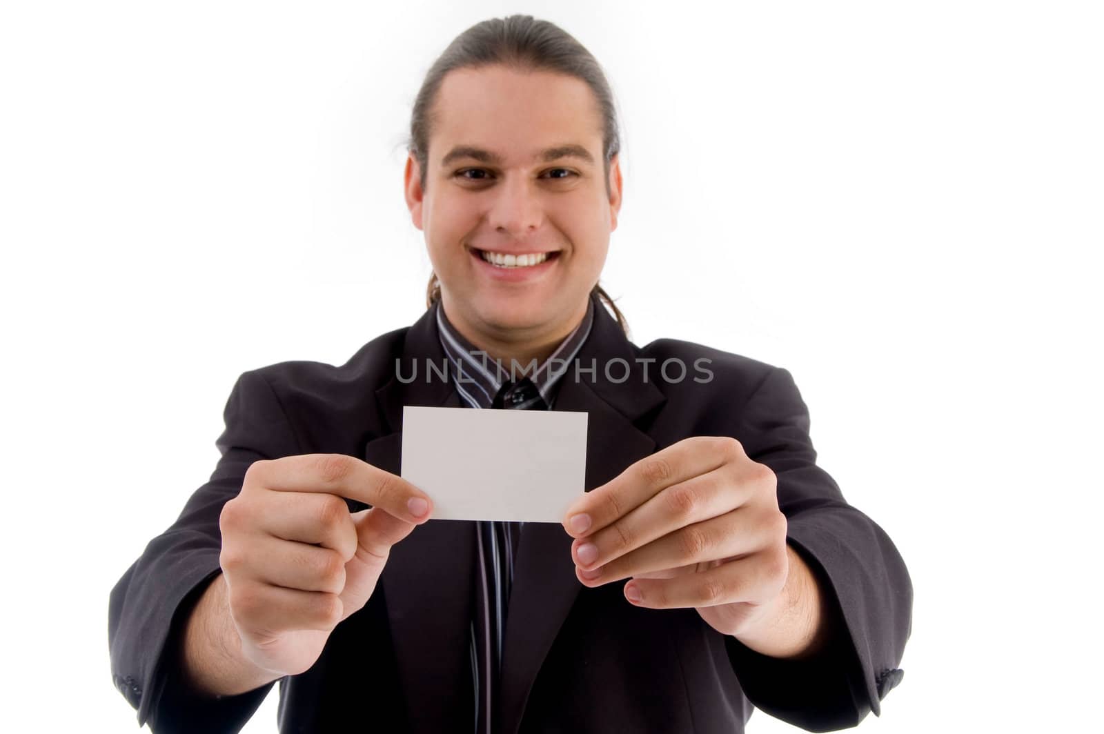 young executive posing with business card by imagerymajestic