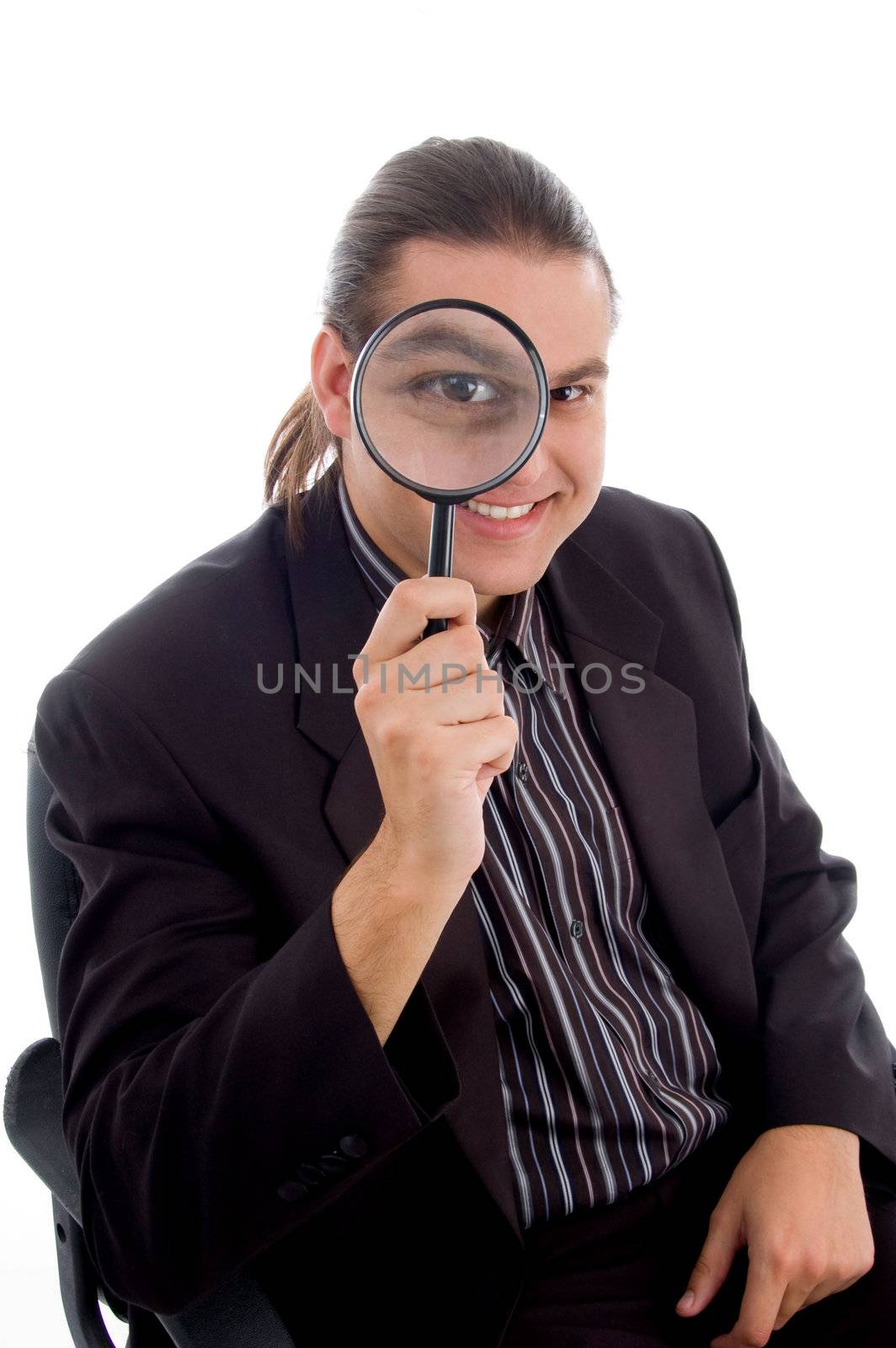 young investigator holding magnifier isolated on white background