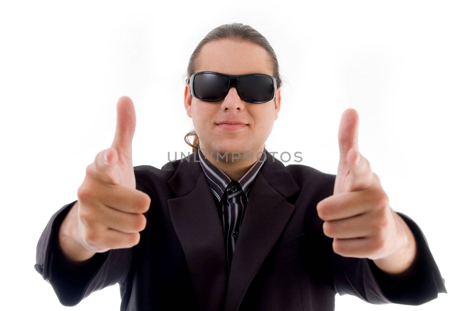 young businessman showing thumbs up on an isolated white background