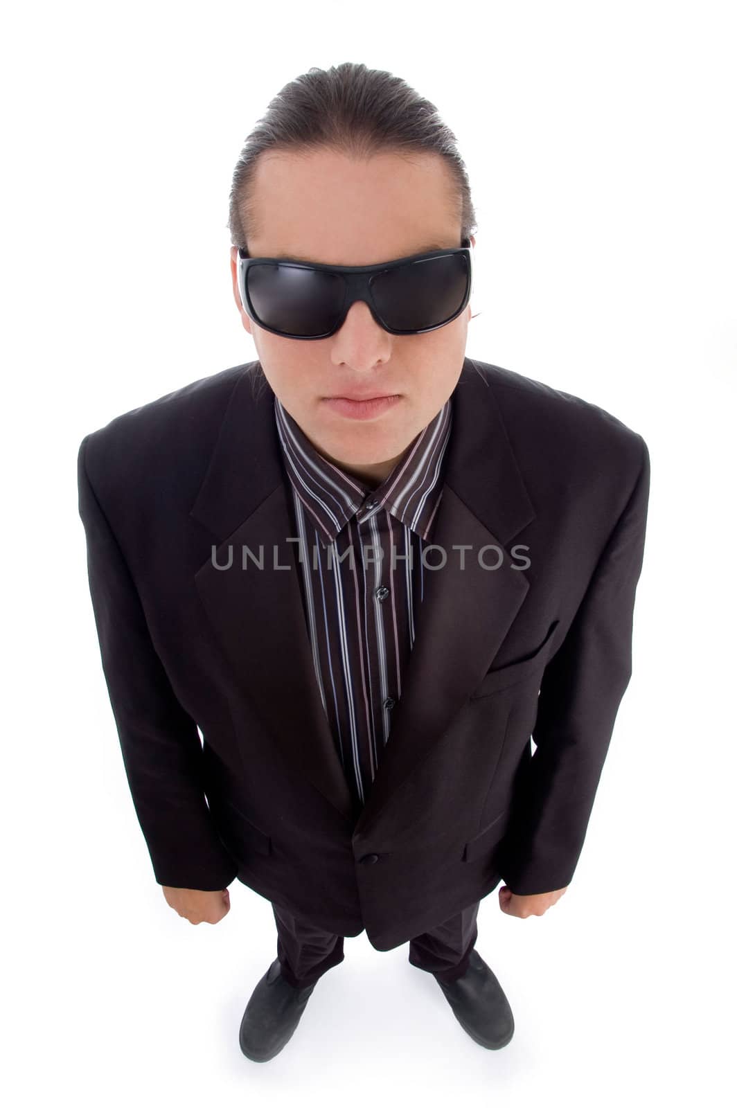 young handsome man wearing dark eyeglasses with white background