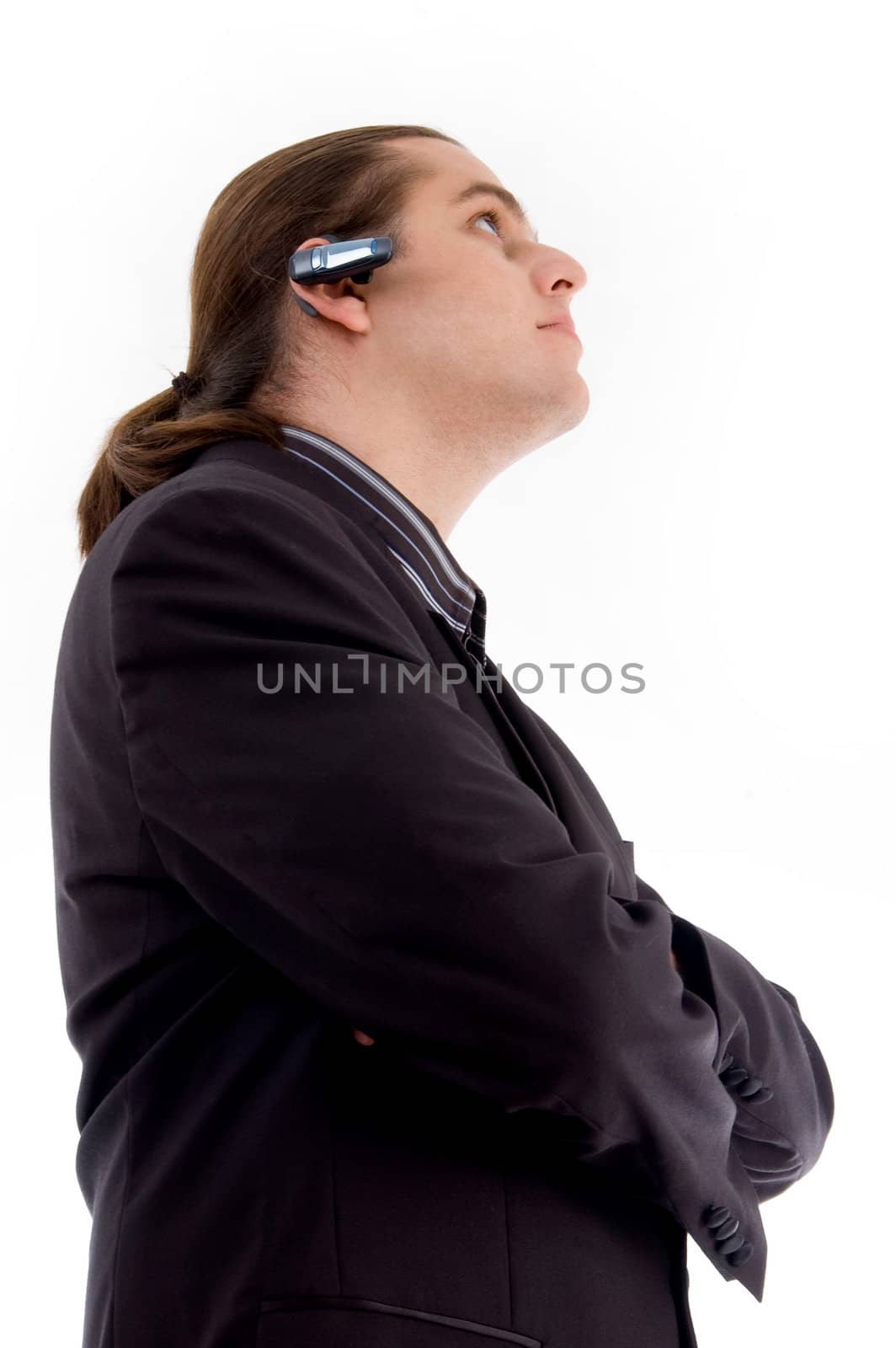 businessman wearing headset with white background