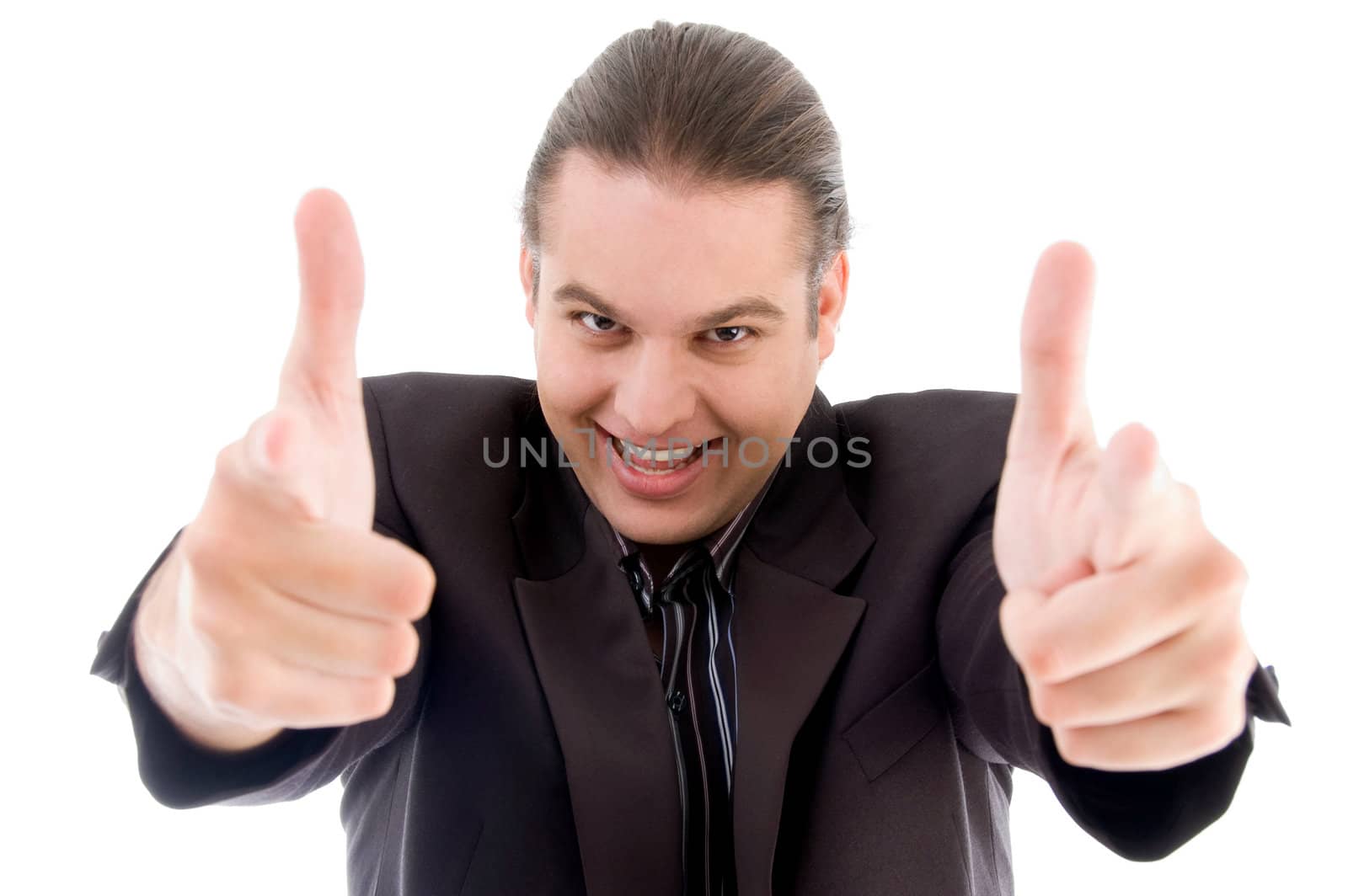 young businessman showing thumbs up on an isolated white background