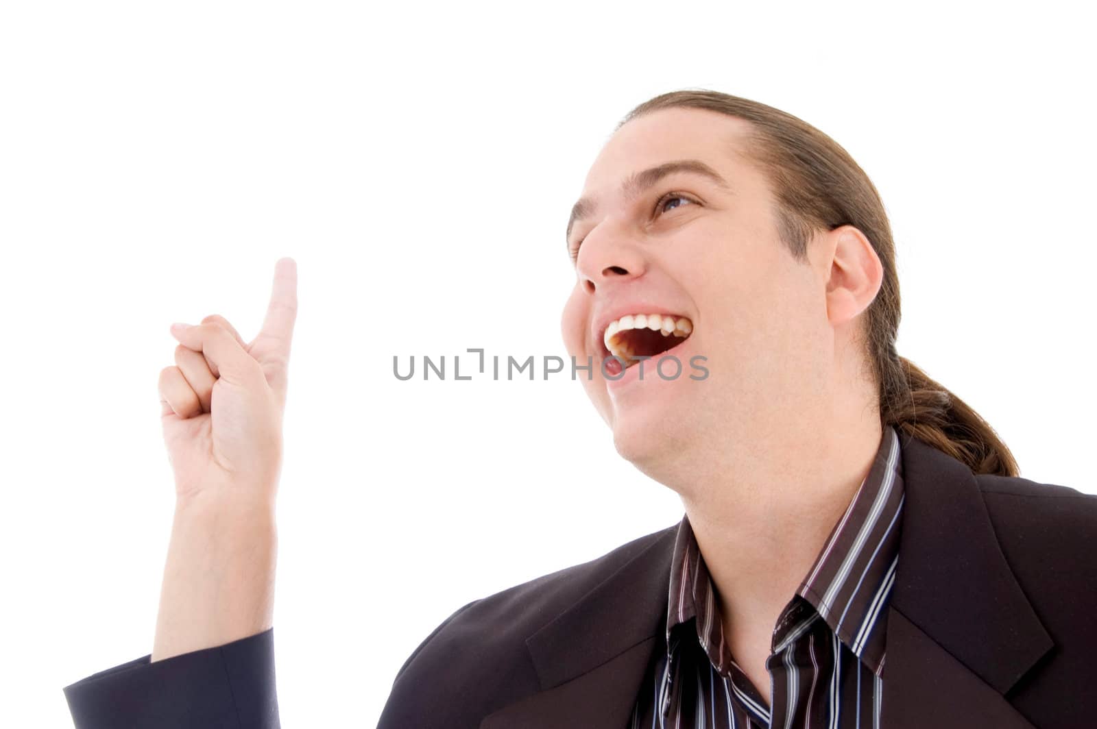 happy business pointing upwards against white background