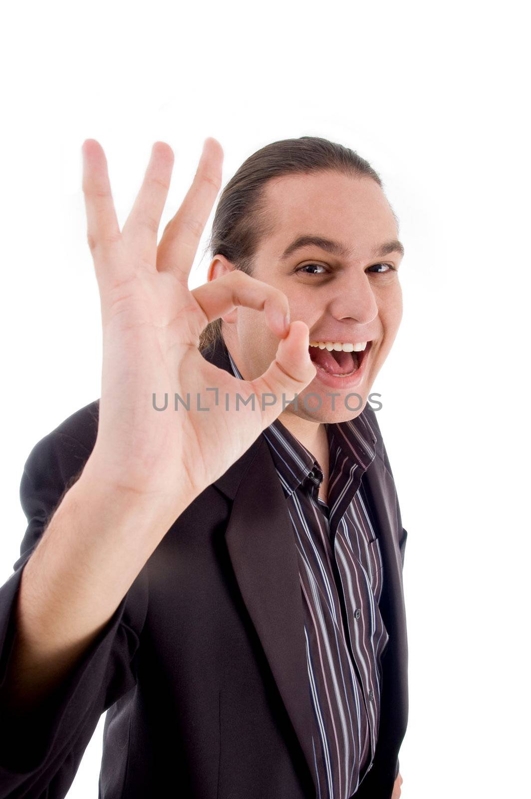 young entrepreneur with okay hand gesture on an isolated white background