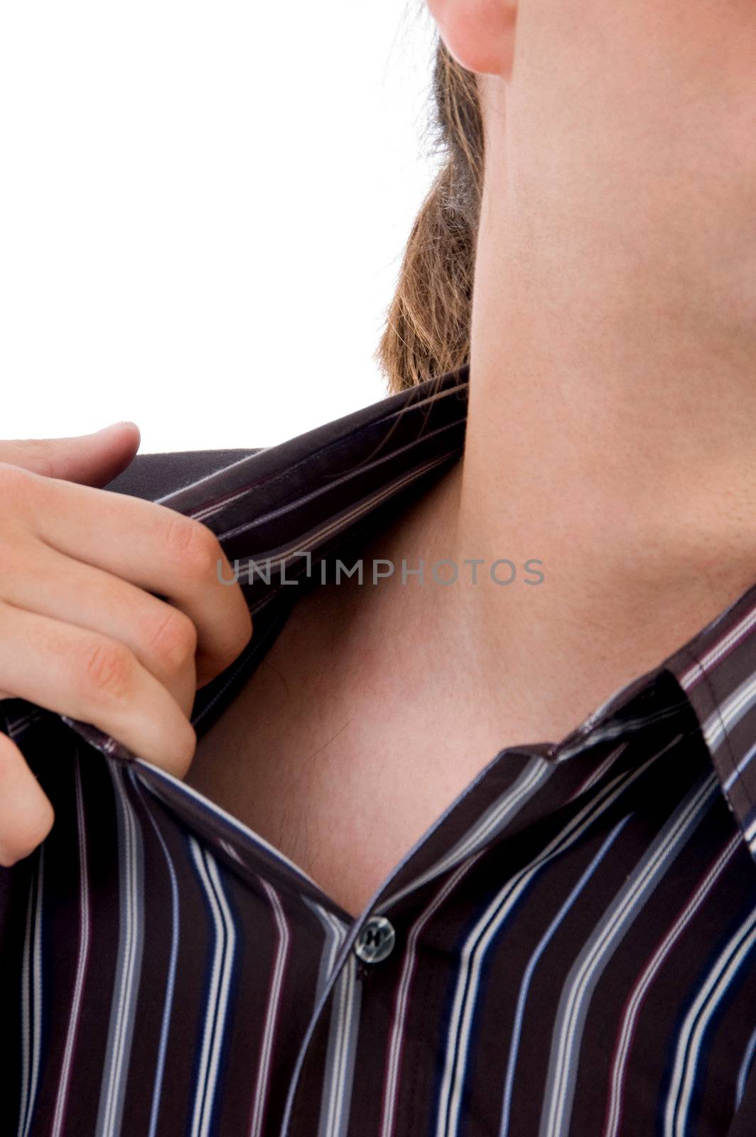 adult man itching his neck on an isolated white background