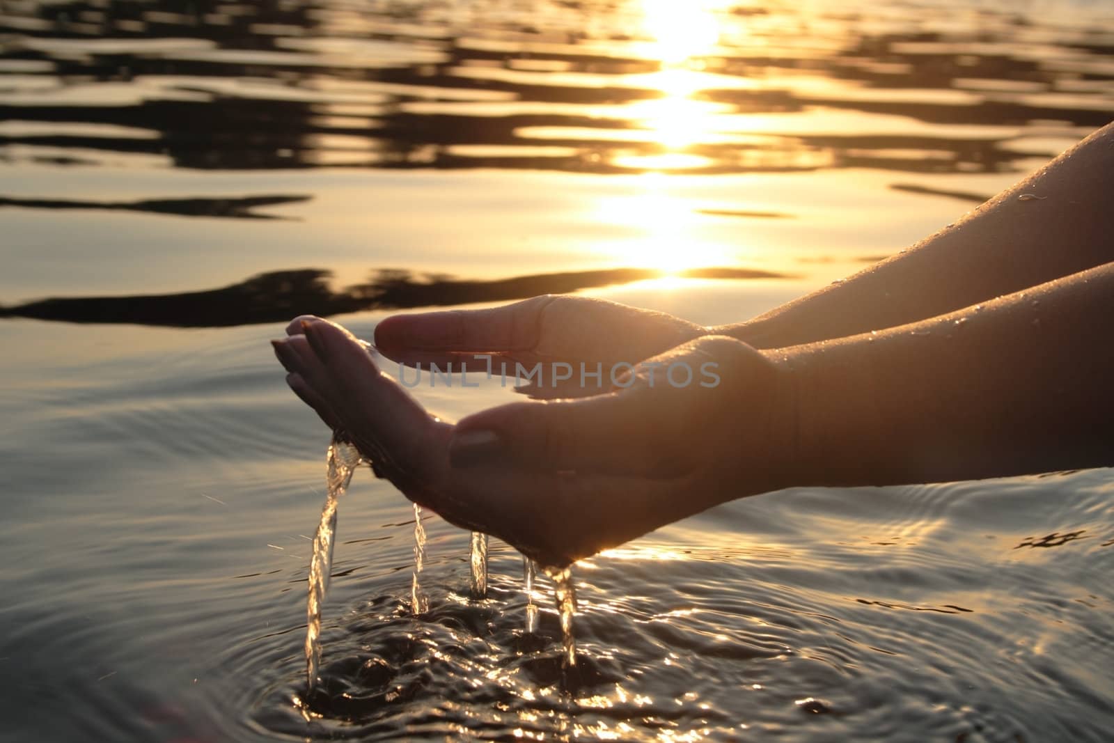 woman hands giving you water on sunset