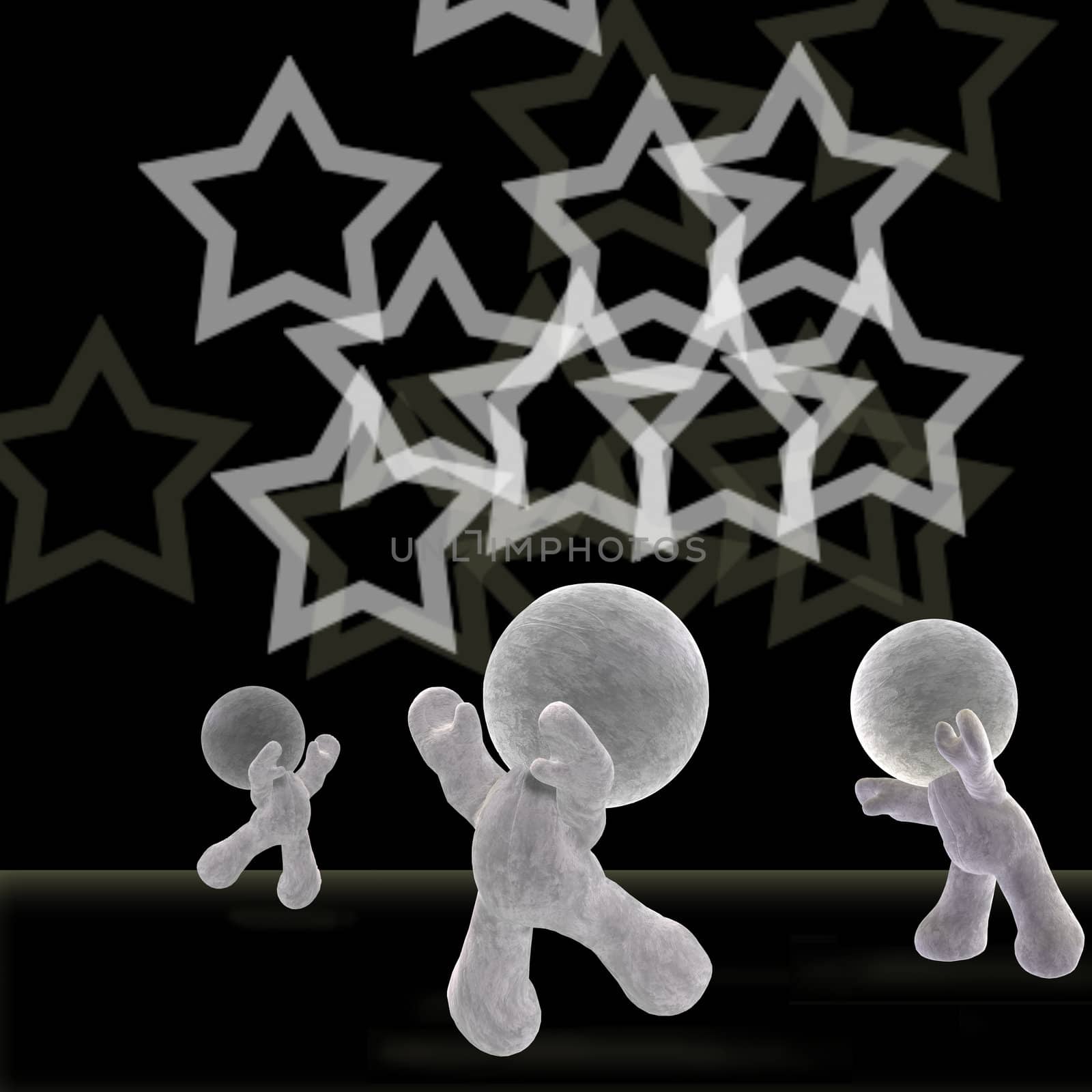 abstract 3d cartoon of soft toy people on the dancefloor in the night