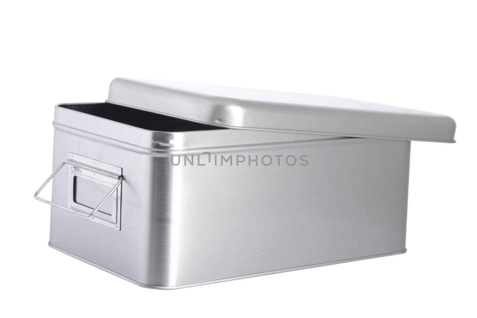 open silver steel box on white background